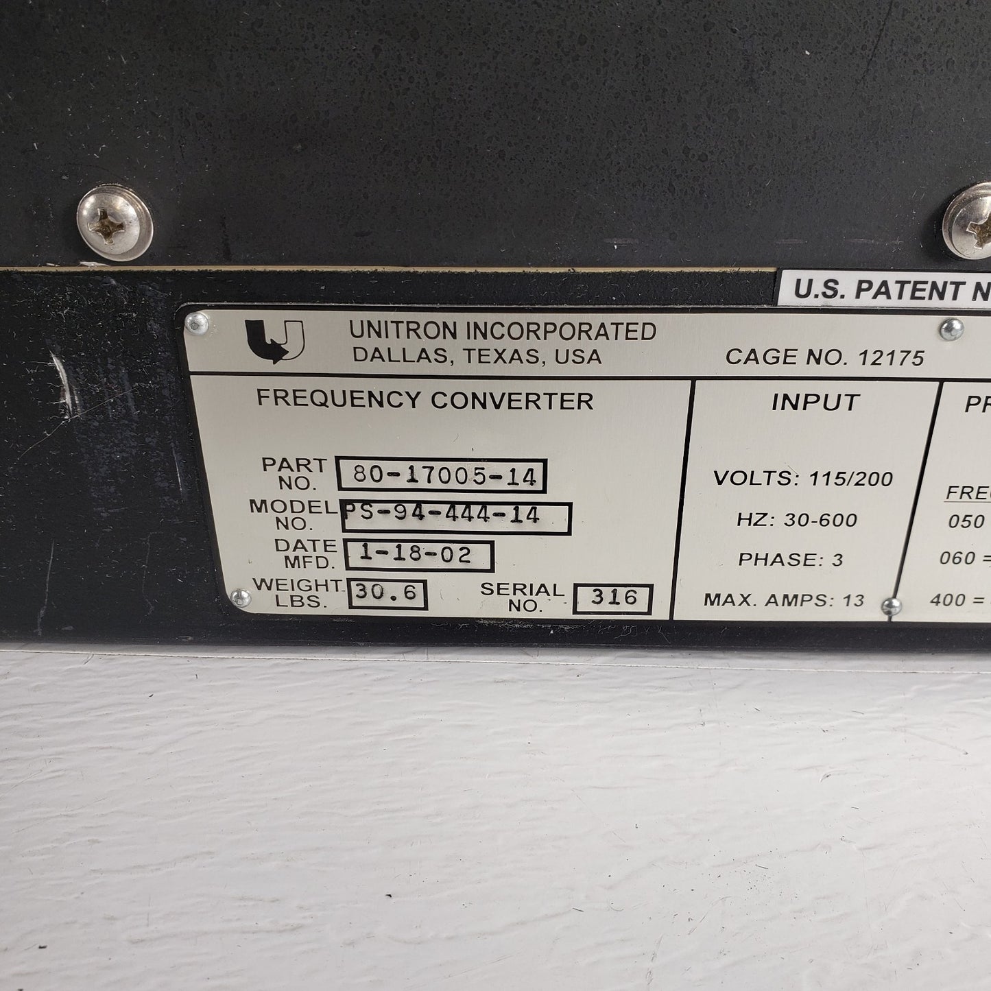 Unitron Frequency Converter PS-94-444-14 115-200VAC 30-600Hz 3-Phase 80-17005-14