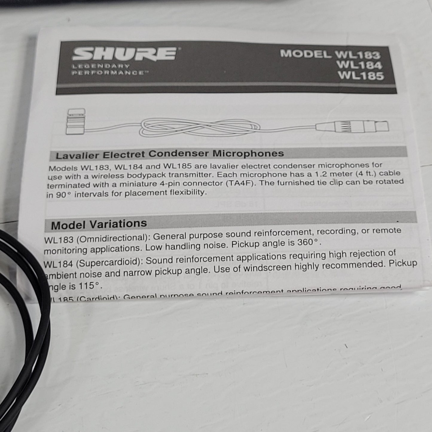 Shure WL185 Lavalier Electret Condenser Cardioid Microphone Mic Mini-XLR