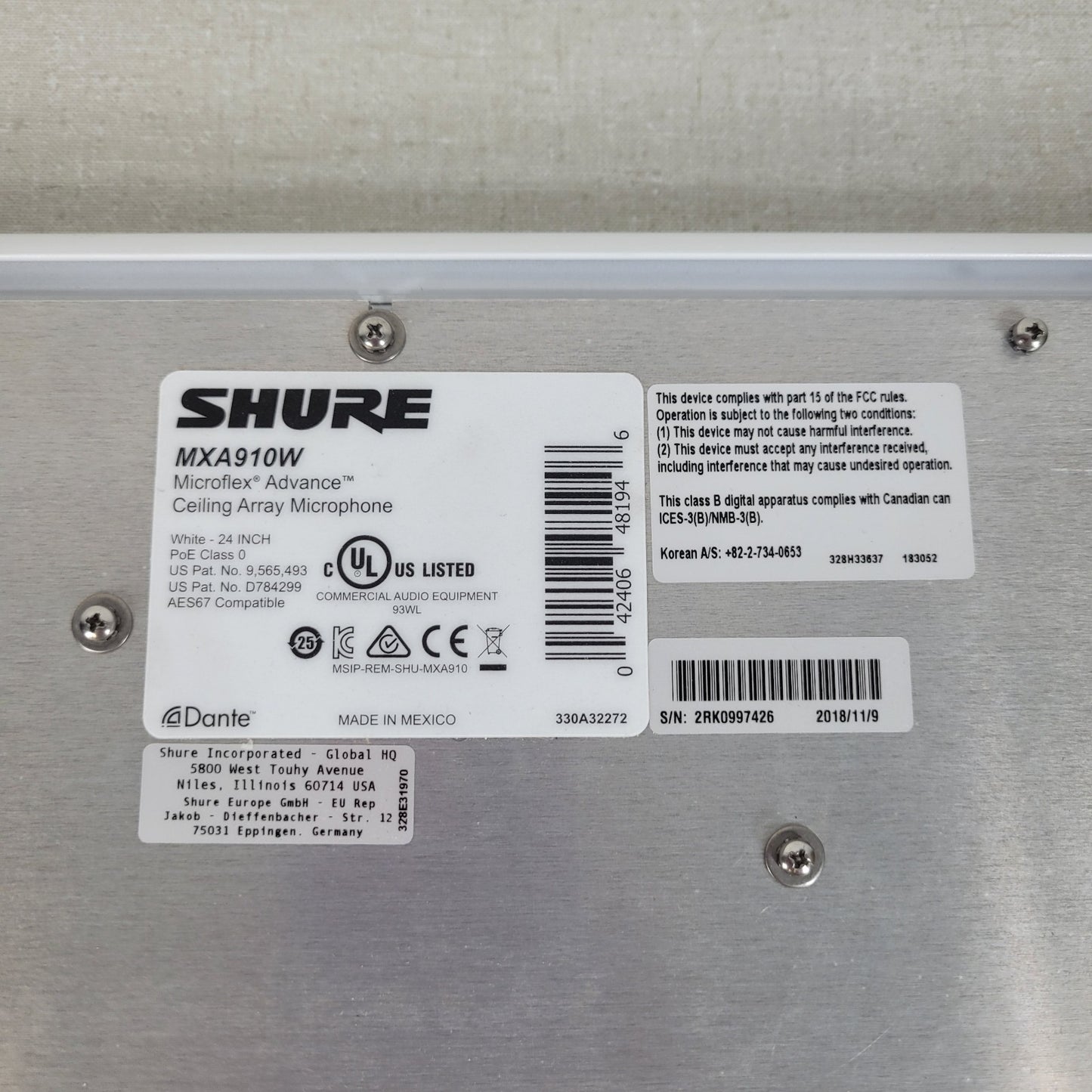 FOR PARTS- Shure MXA910W Microflex Ceiling Array Microphone 2ftx2ft Dante