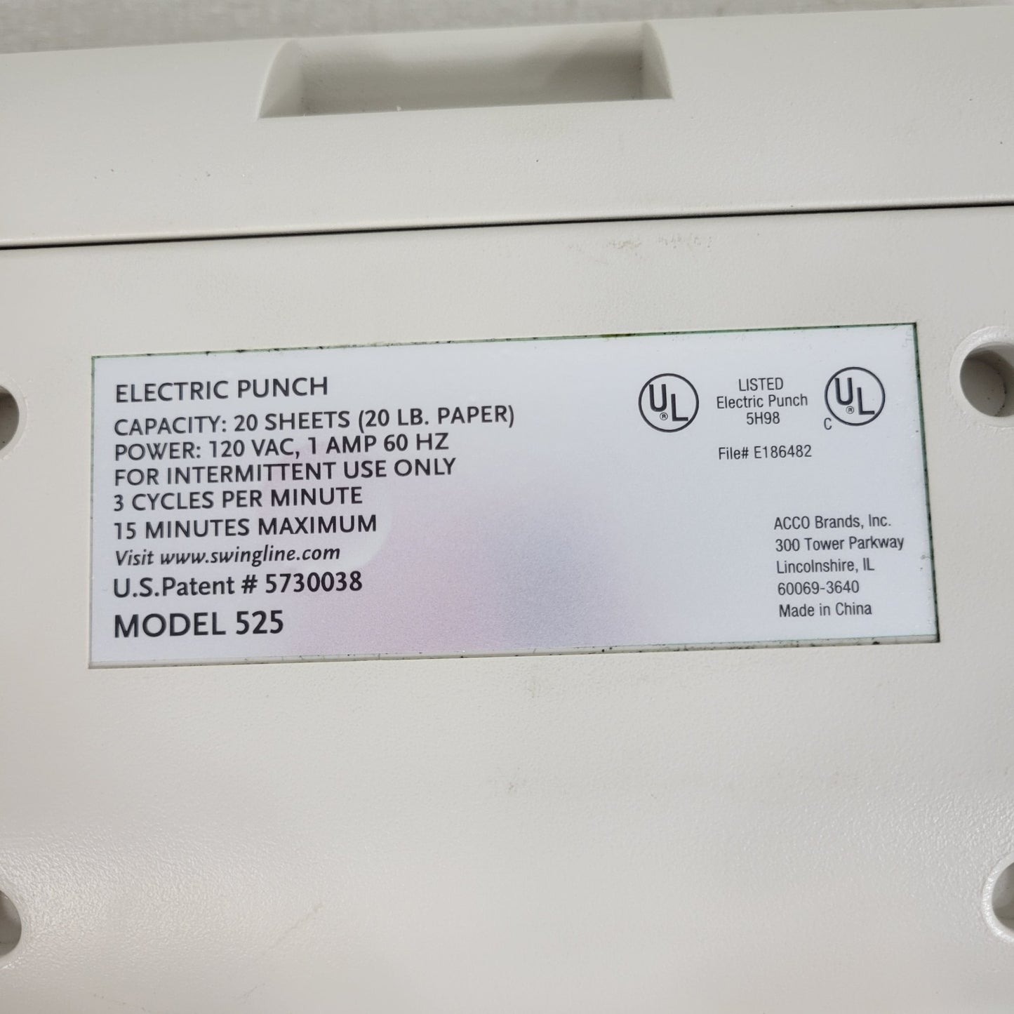 Swingline 525 3-Hole Electric Puncher 20 Sheet Capacity 9/32" Hole Diameter