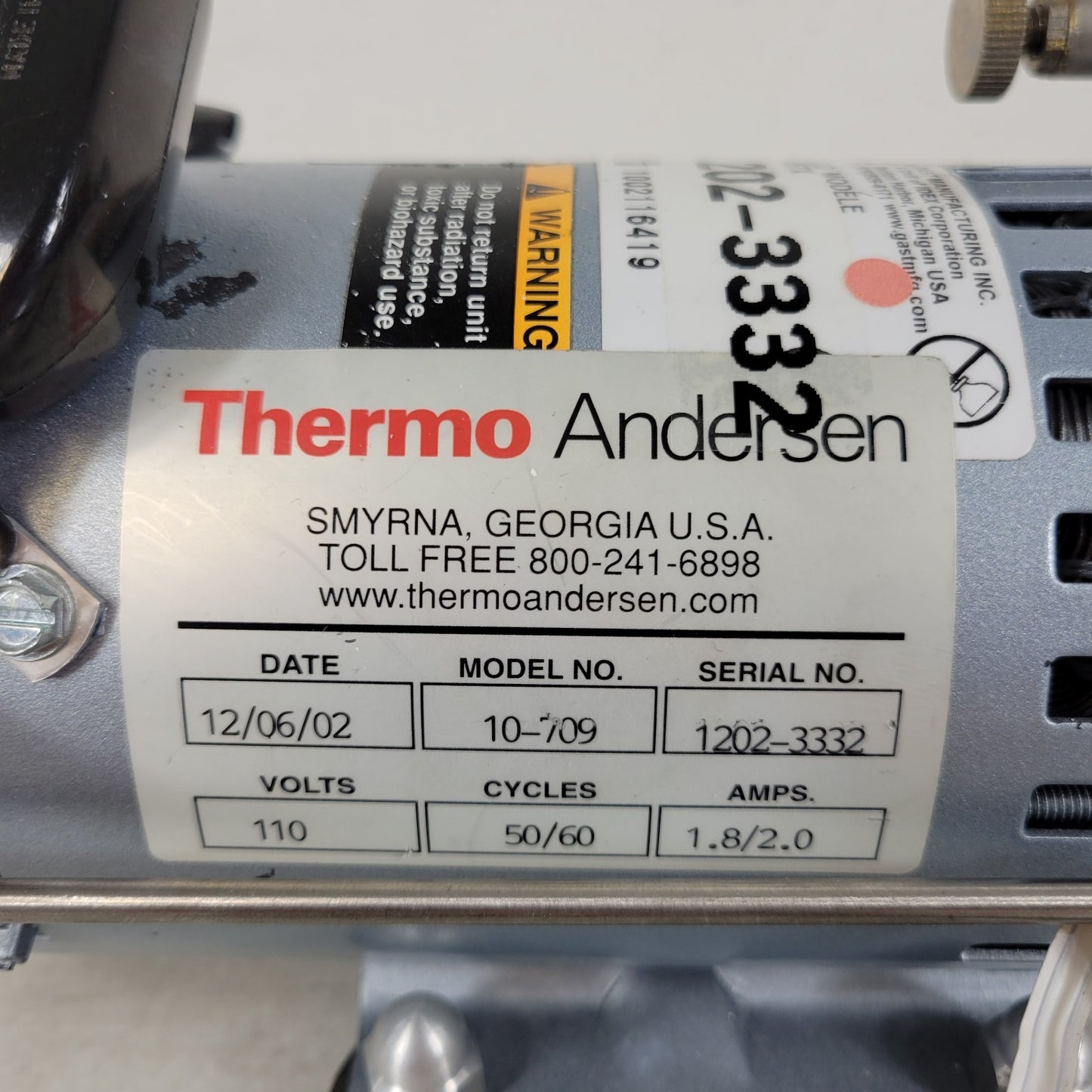Thermo Andersen 10-709 Gast Bioaerosol Sampler Lab Vacuum Pump 50/60 Cycles HV