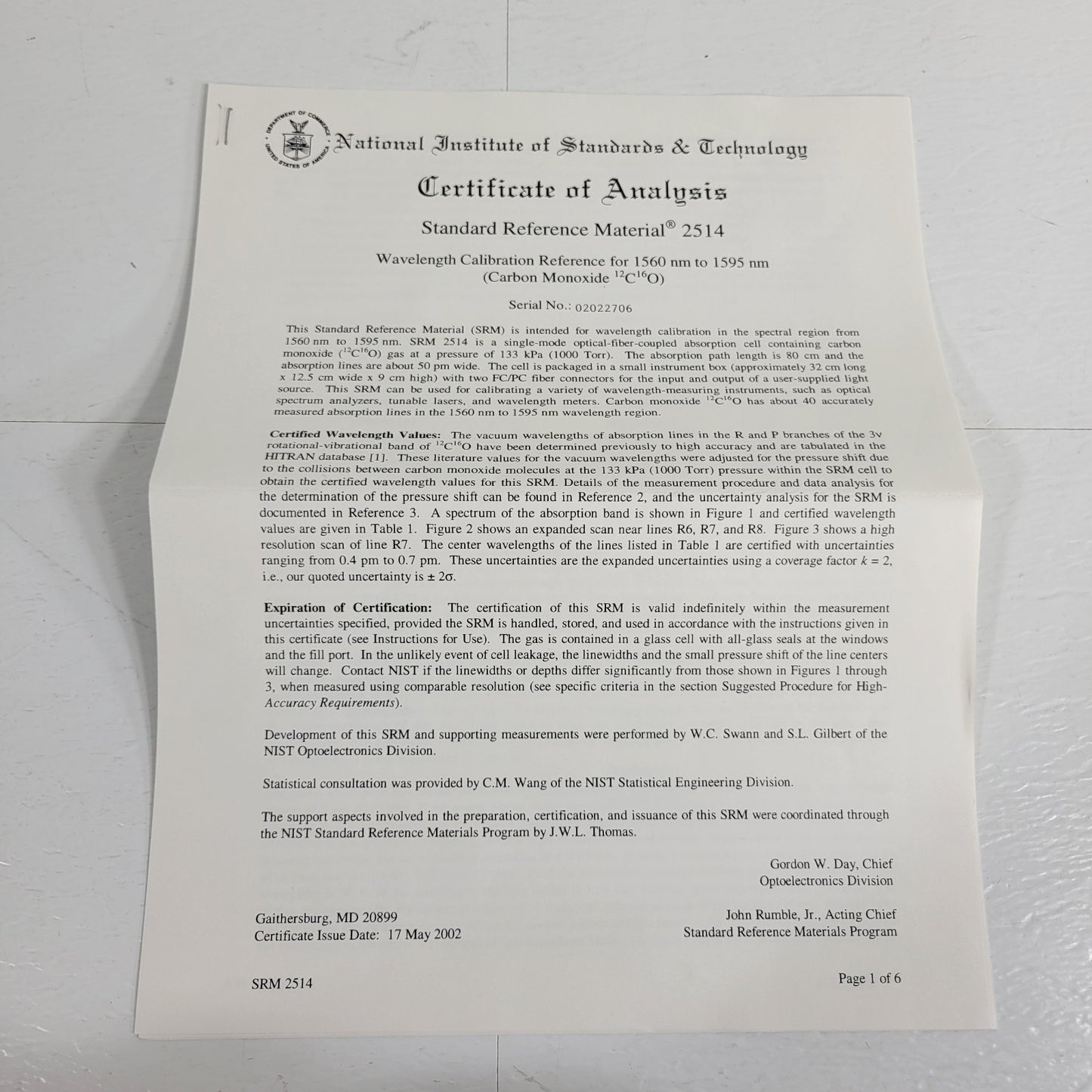 NIST SRM-2514 Wavelength Calibration Reference 1560-1595nm Carbon Monoxide Lines