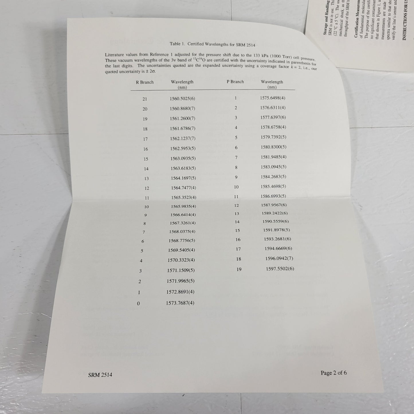 NIST SRM-2514 Wavelength Calibration Reference 1560-1595nm Carbon Monoxide Lines