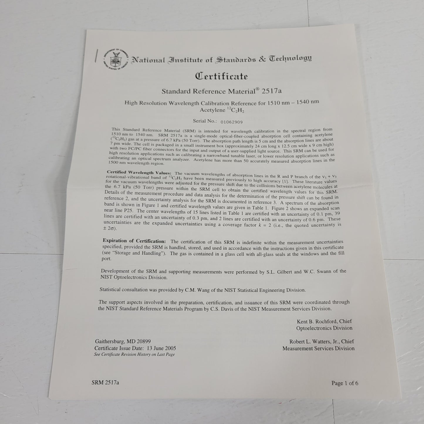 NIST SRM-2517a Hi-Res Wavelength Calibration Reference 1510-1540nm Acetylene