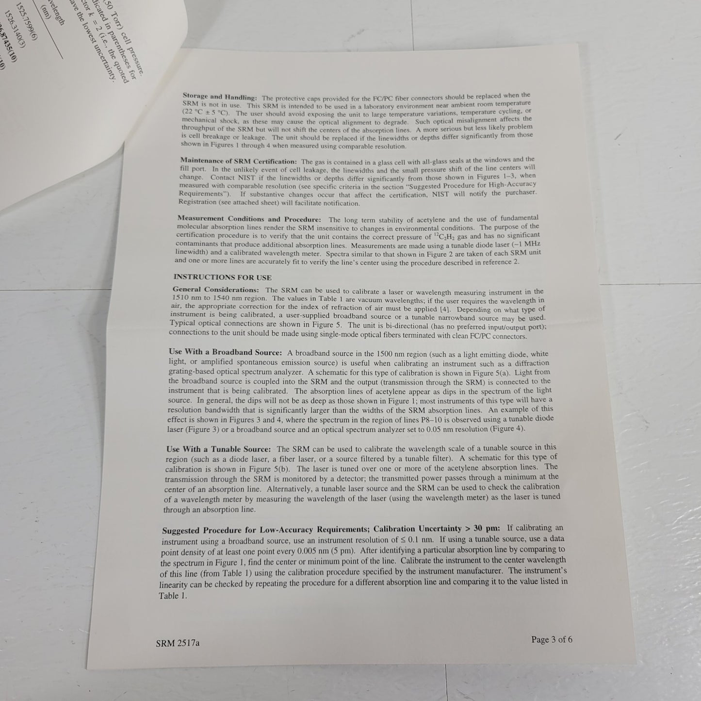 NIST SRM-2517a Hi-Res Wavelength Calibration Reference 1510-1540nm Acetylene