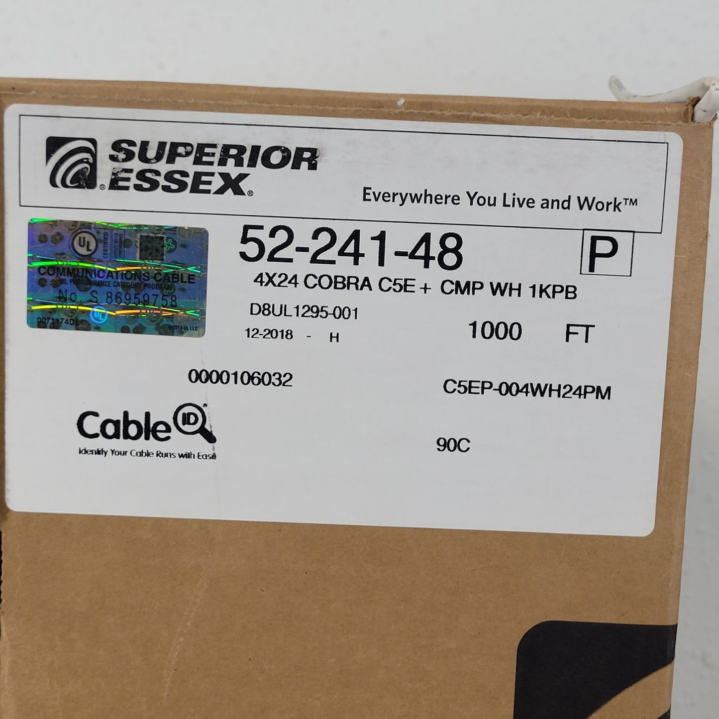 PRICE PER FOOT- Superior Essex (52-241-48) 4 Pair 24 AWG Cobra C5E+ CMP WH 1KPB