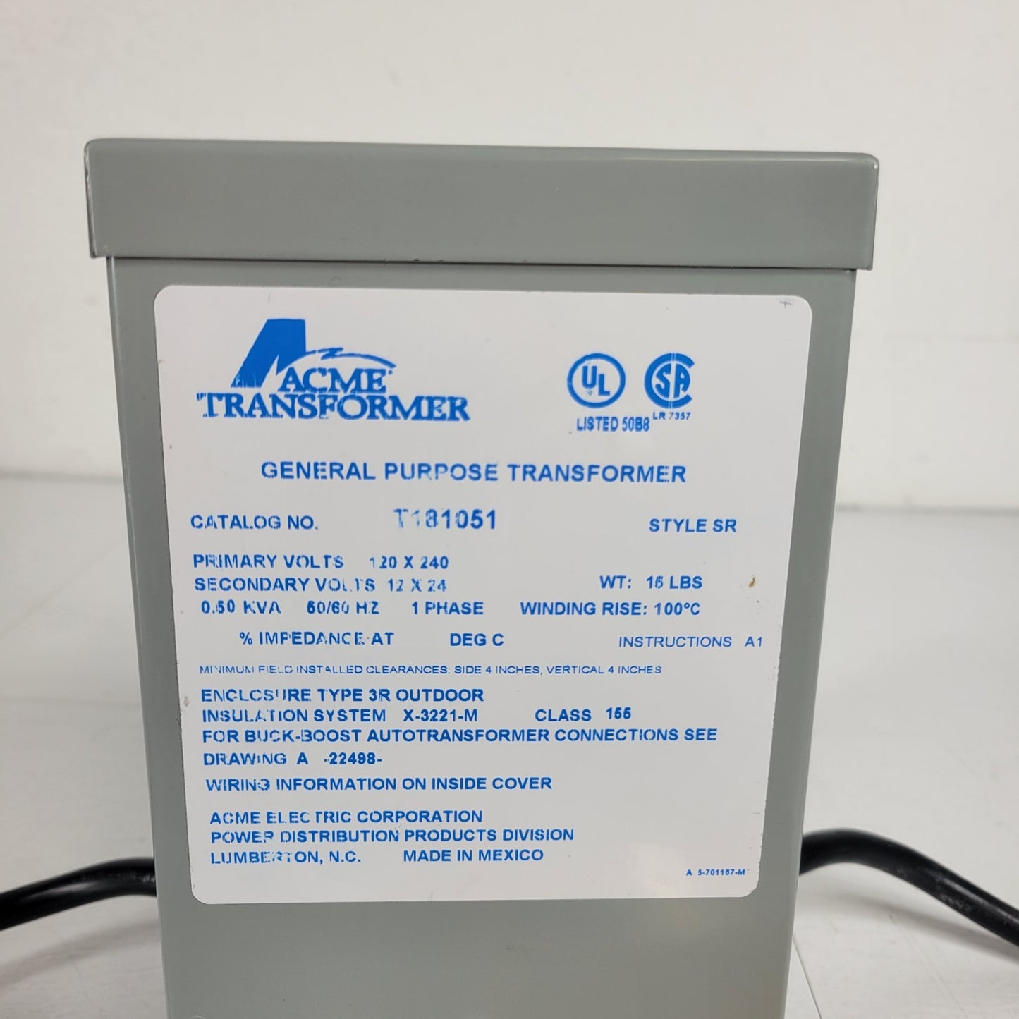TESTED ACME T181051 General Purpose Transformer 120V In 12V Out .5KVA
