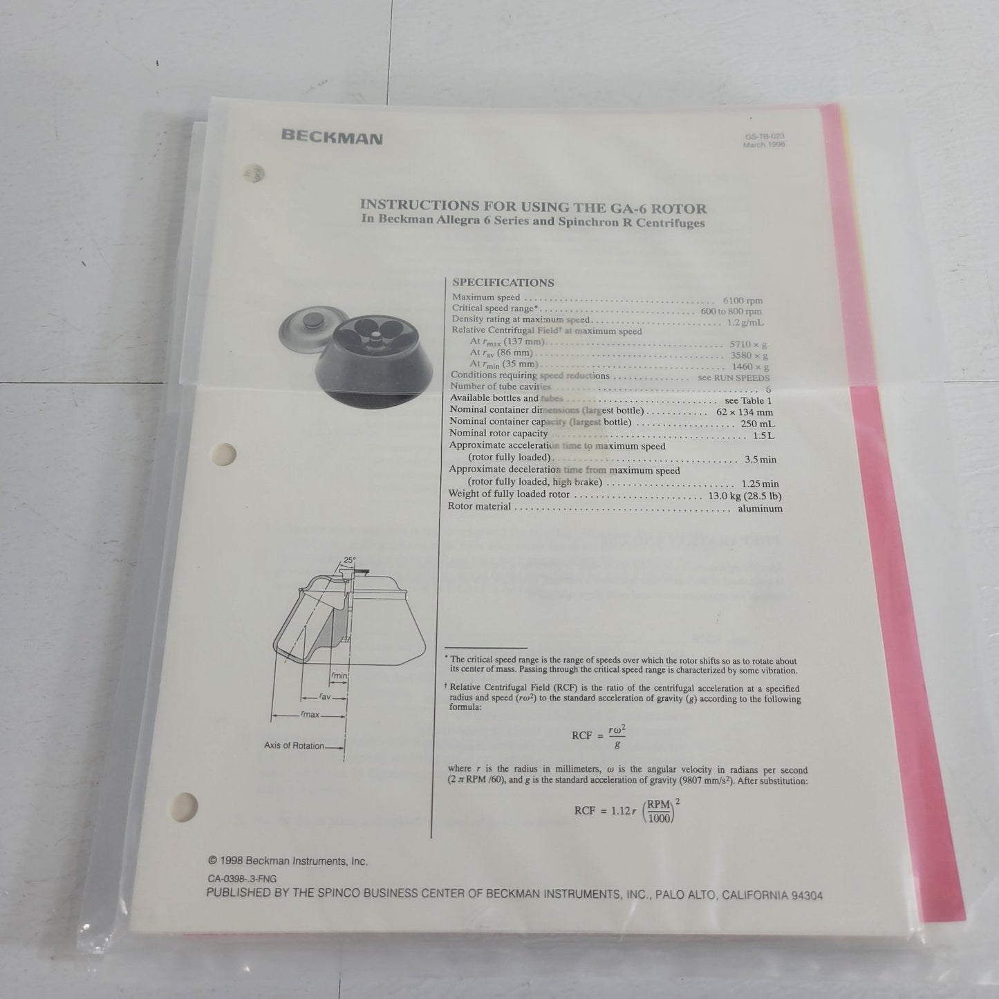 TESTED Beckman Coulter Allegra 6 Centrifuge 8000RPM Max w 3750RPM Rotor, Manuals