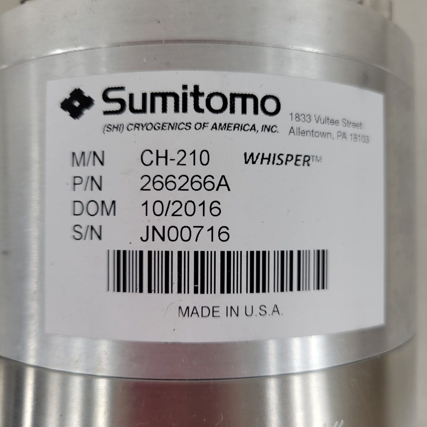 Sumitomo CH-210 266266A Cold Head Superior Cryo Cooler Cryogenic Type SS242-1014