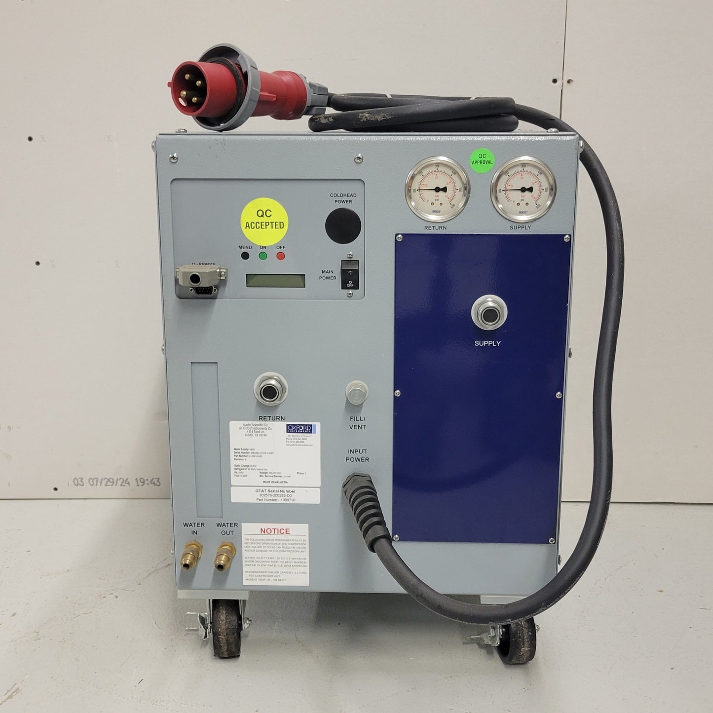 OXFORD INSTRUMENTS Cryo Helium Compressor M600 Three Phase Power J1 Remote 91-00