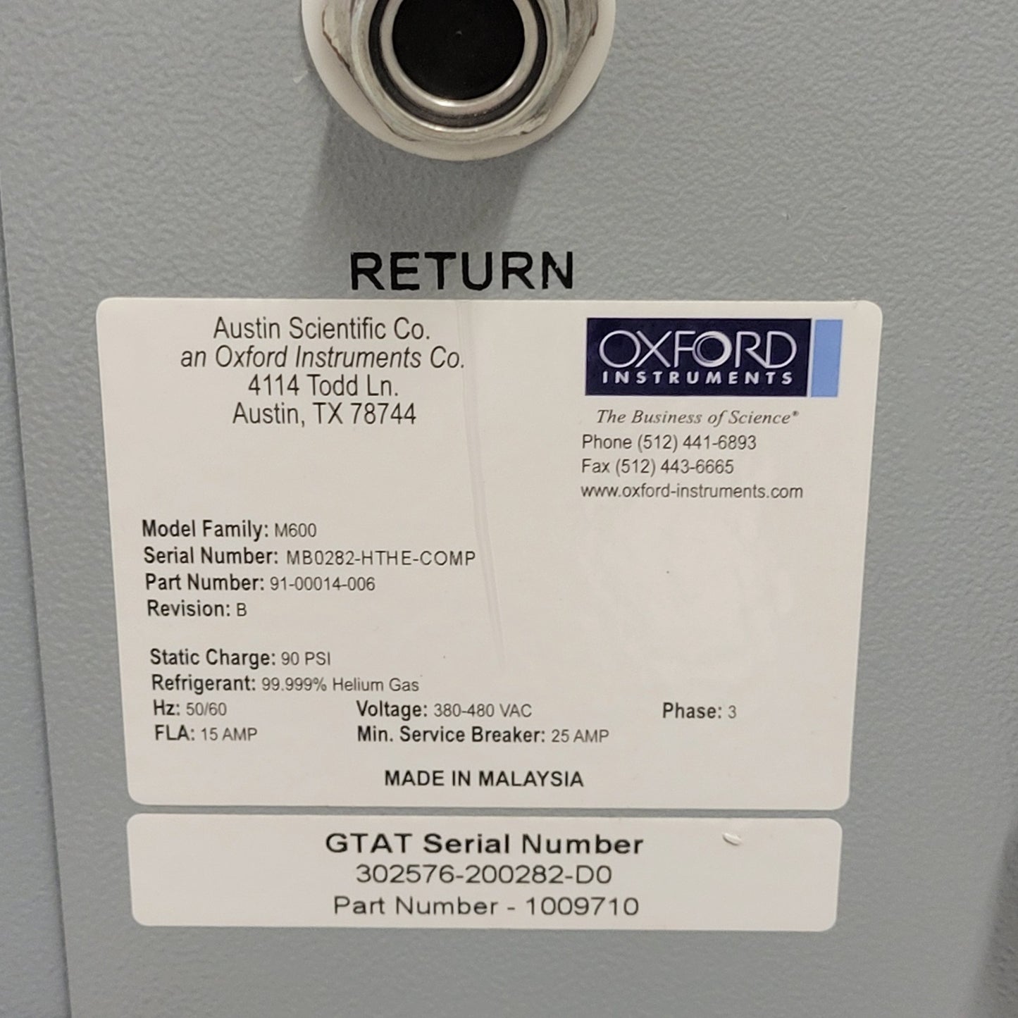 OXFORD INSTRUMENTS Cryo Helium Compressor M600 Three Phase Power J1 Remote 91-00
