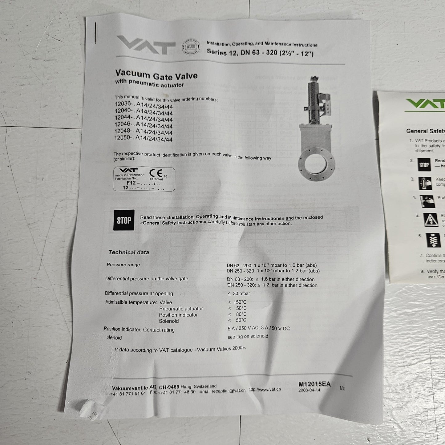 VAT ISO-F DN 320 Pneumatic High Vacuum Gate Valve LF 12" 12050-TA44-ABQ1 304SS