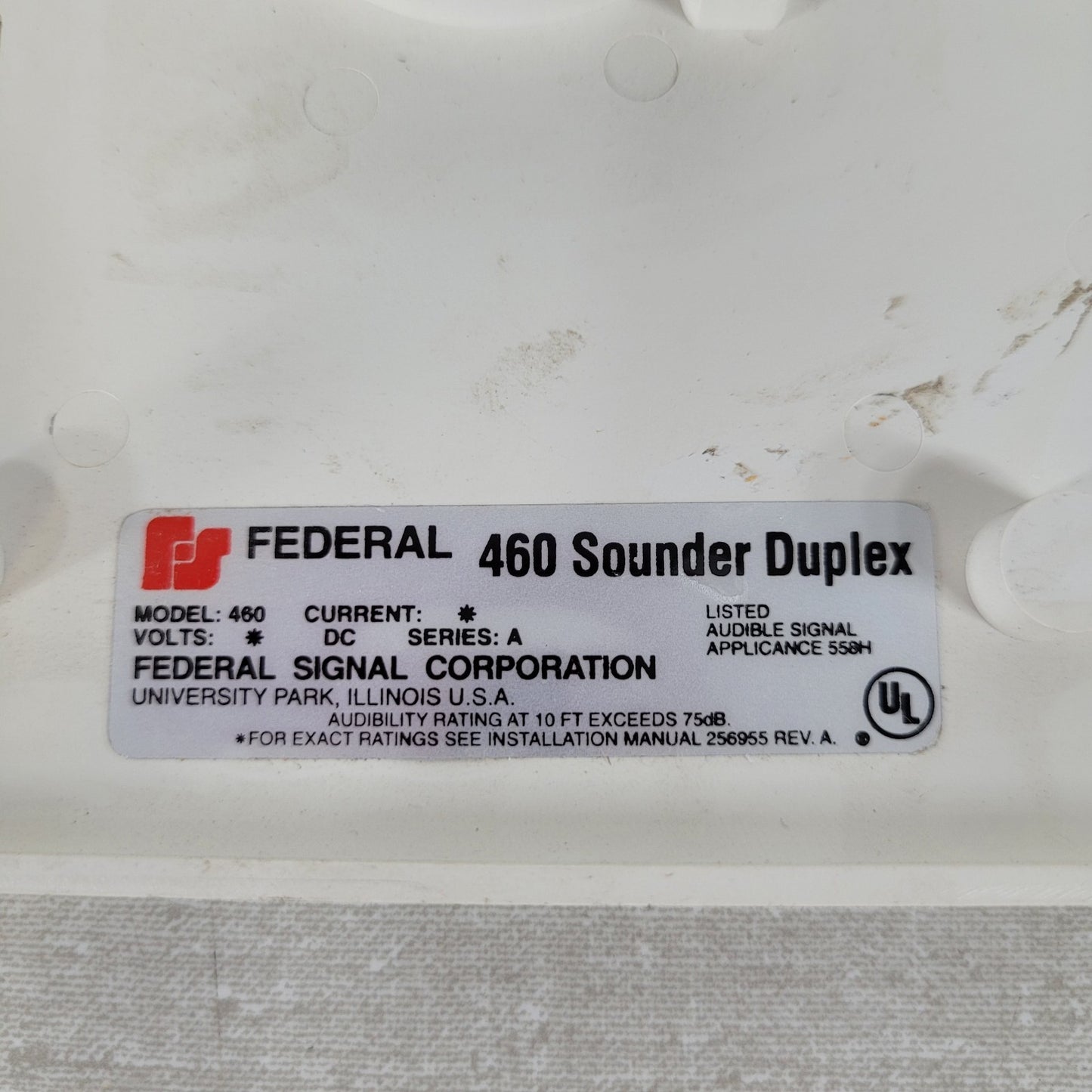 Federal Signal 460 Sounder Duplex Audibility Rating at 10ft Exceedss 75dB