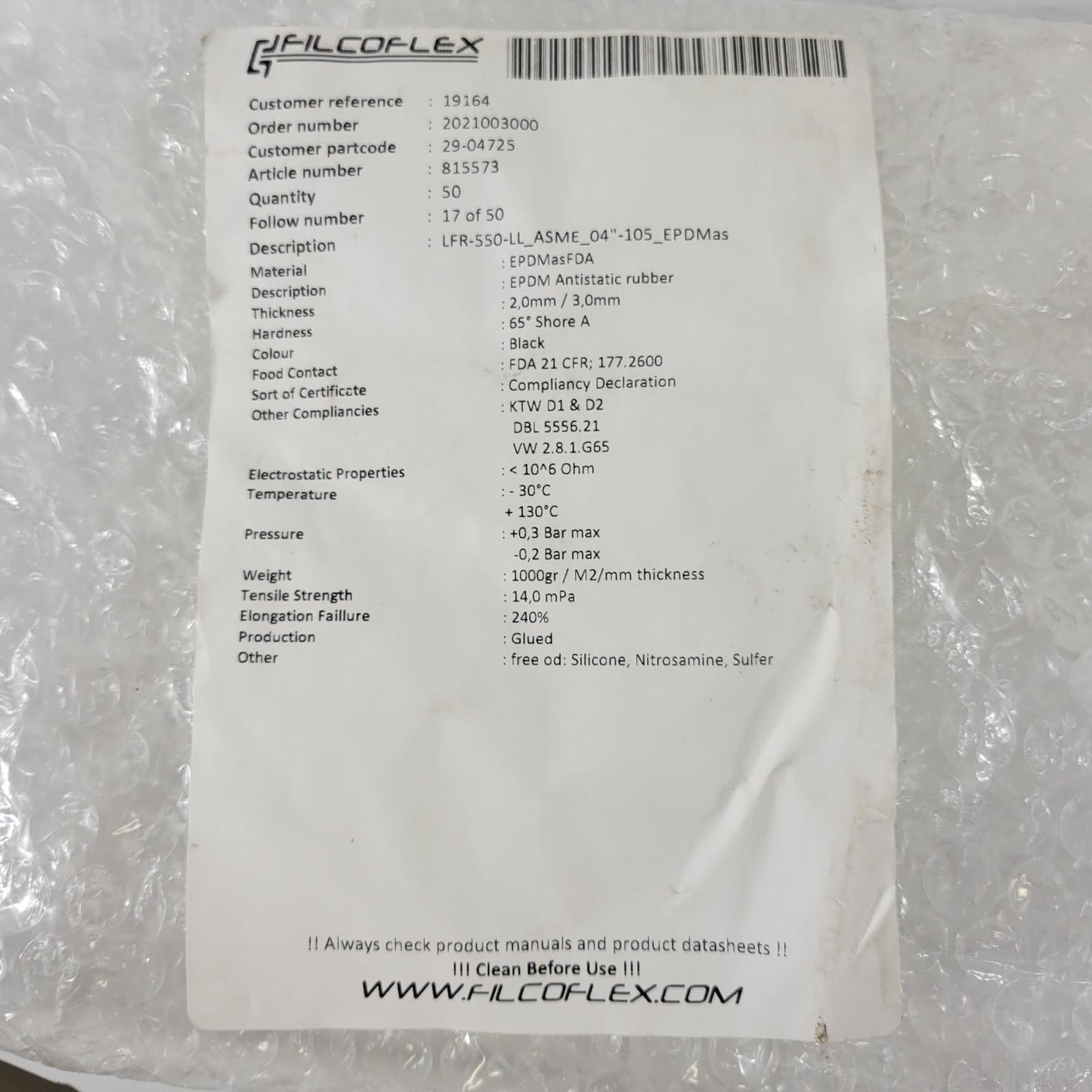 Filcoflex 815573 LFR-550-LL_ASME_04"-105_EPDMas 4" Tri-Clamp Sanitary Nipple