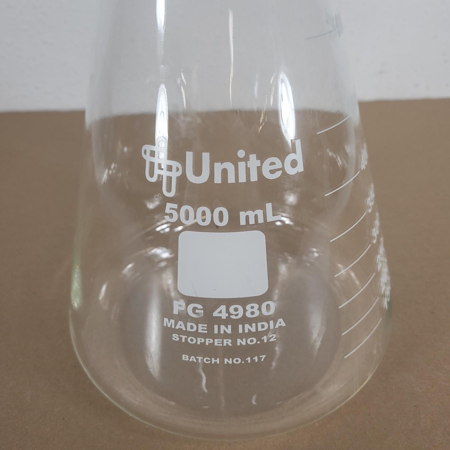 United Scientific FG4980-5000 5000mL 5L Borosilicate Glass Erlenmeyer Flask