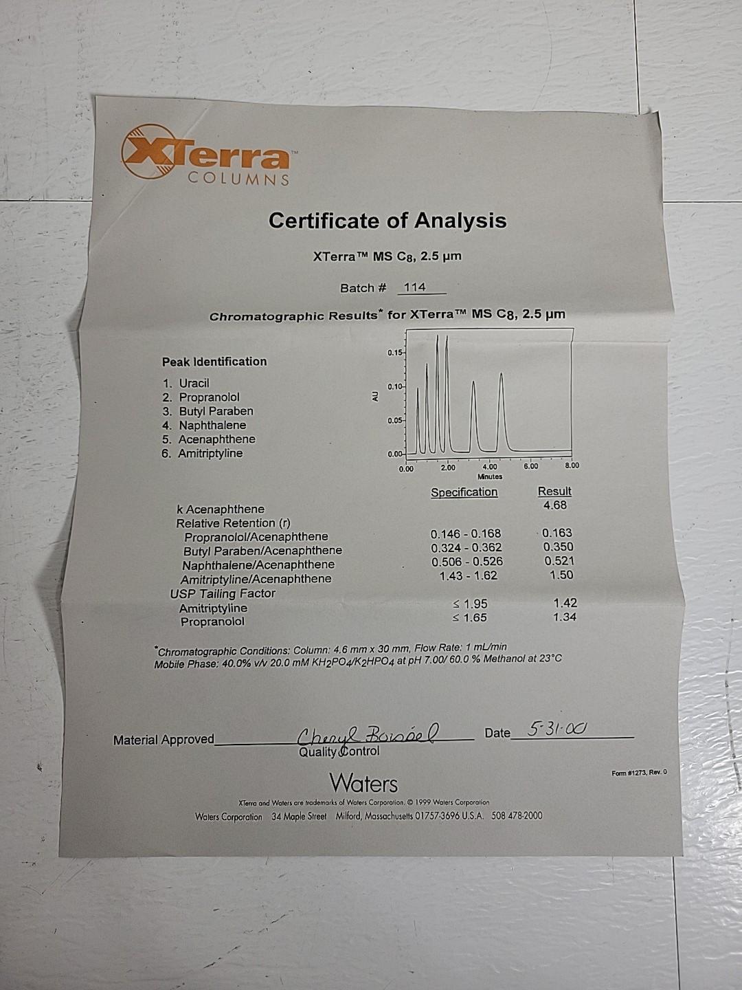 Terra Columns 186000595 Waters XTerra MS C8 2.5 um HPLC 2.1x50mm PolyOctylsilyl