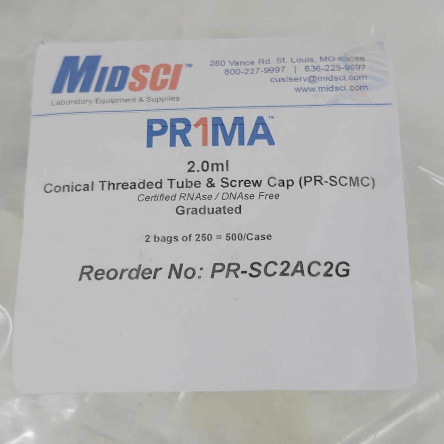MIDSCI Pr1ma PR-SC2AC2G Conical Threaded Tube & Screw Cap Graduated 300 Ct