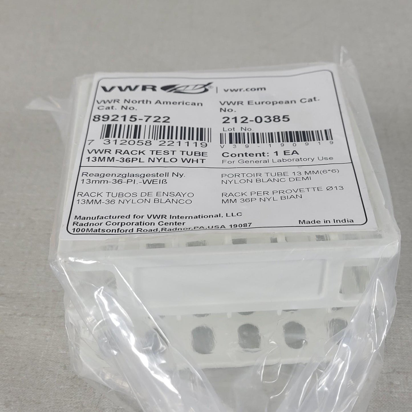 VWR 89215-722 Rack Test Tube 13mm Tubes 36 Place Well White Nylon