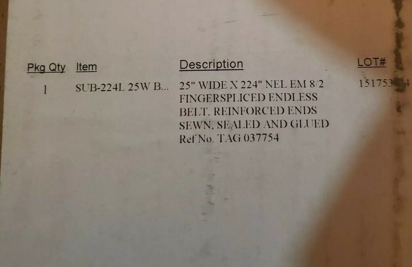 Ammeraal Beltech Conveyor Belt 25W SUB-224L NEL EM 8/2 2-ply Endless Food Grade