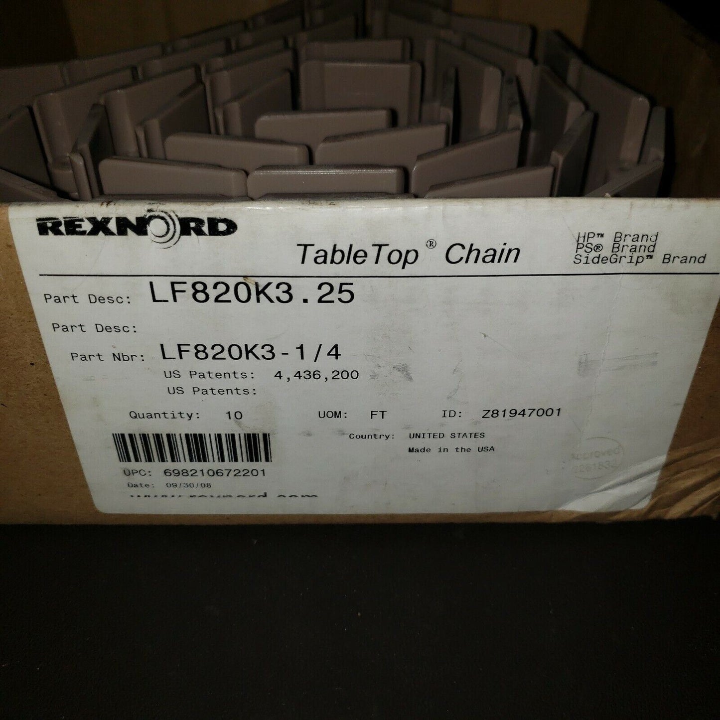 Rexnord TabelTop Chain LF820K3.25 Chain Link Conveyor 3-1/4
