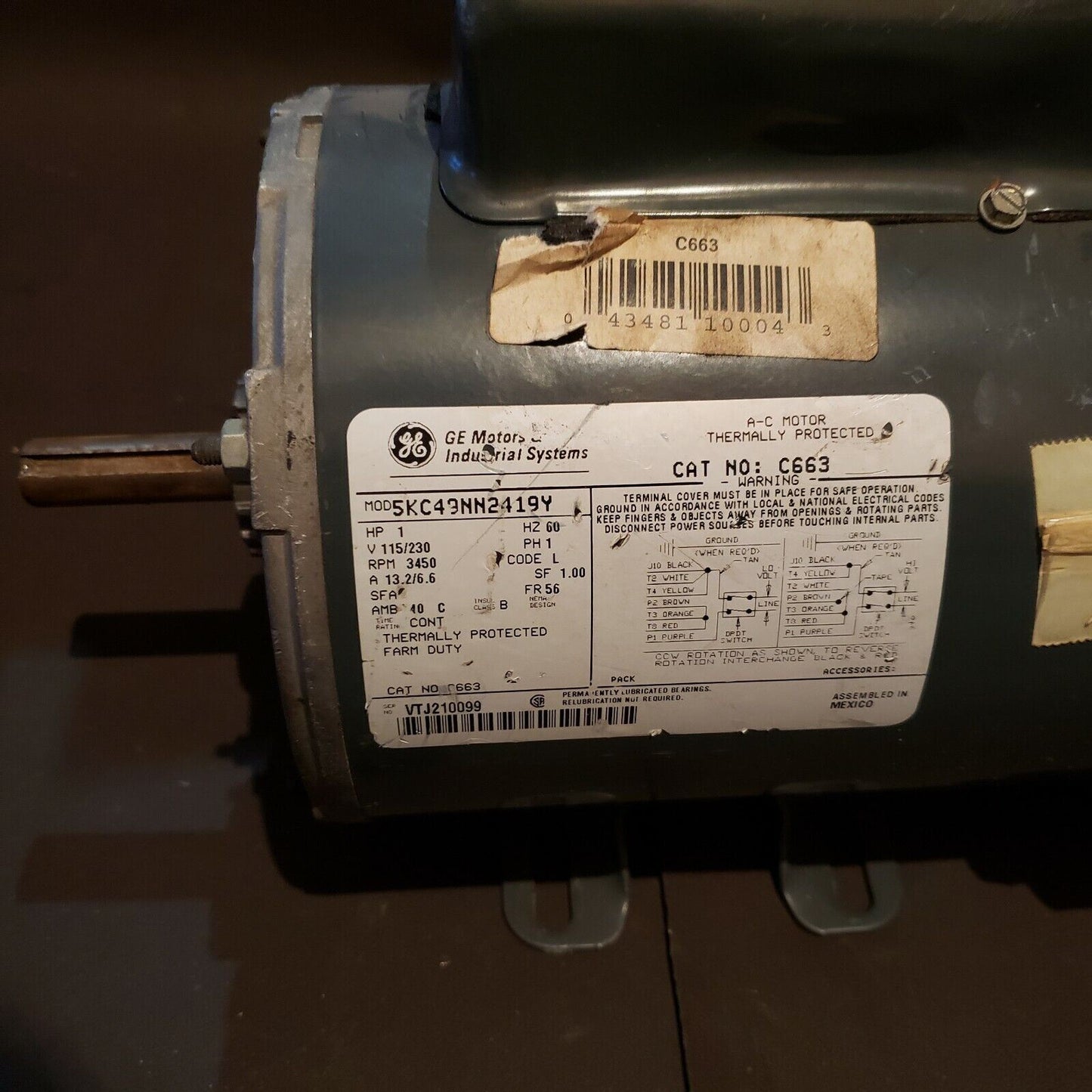 GE 5KC49NN2419Y Electric Motor 115v 3450 RPM with Switch and Cable TESTED C663