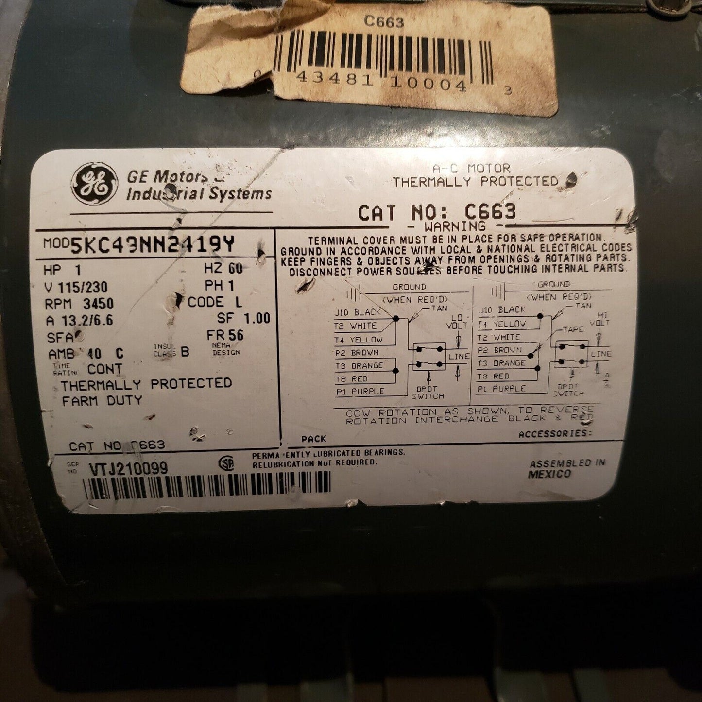 GE 5KC49NN2419Y Electric Motor 115v 3450 RPM with Switch and Cable TESTED C663