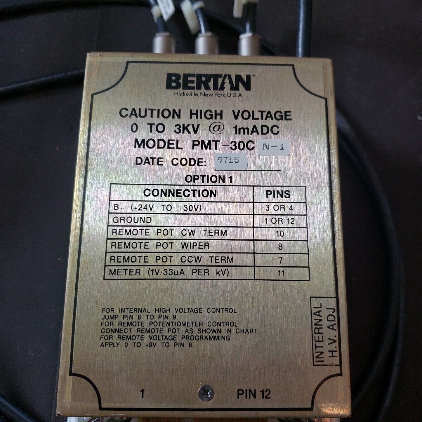 Bertan 3kV 1mADC PMT-30C N-1 N-i with Vestec Detector Voltage Driver 25-49