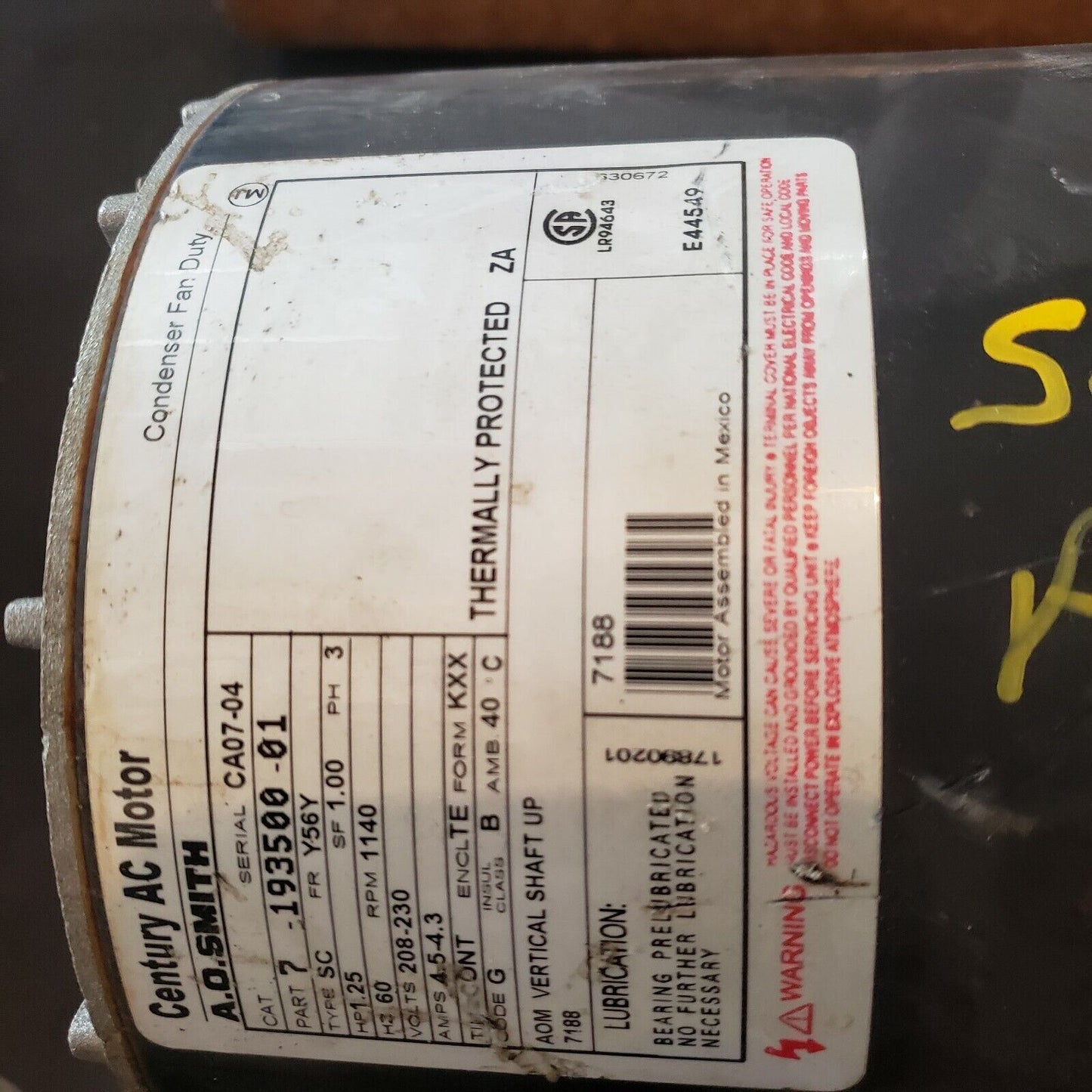 Century AC Motor 7-193500-01 Y65Y 1.25HP 1140RPM 3 Phase 203-230v
