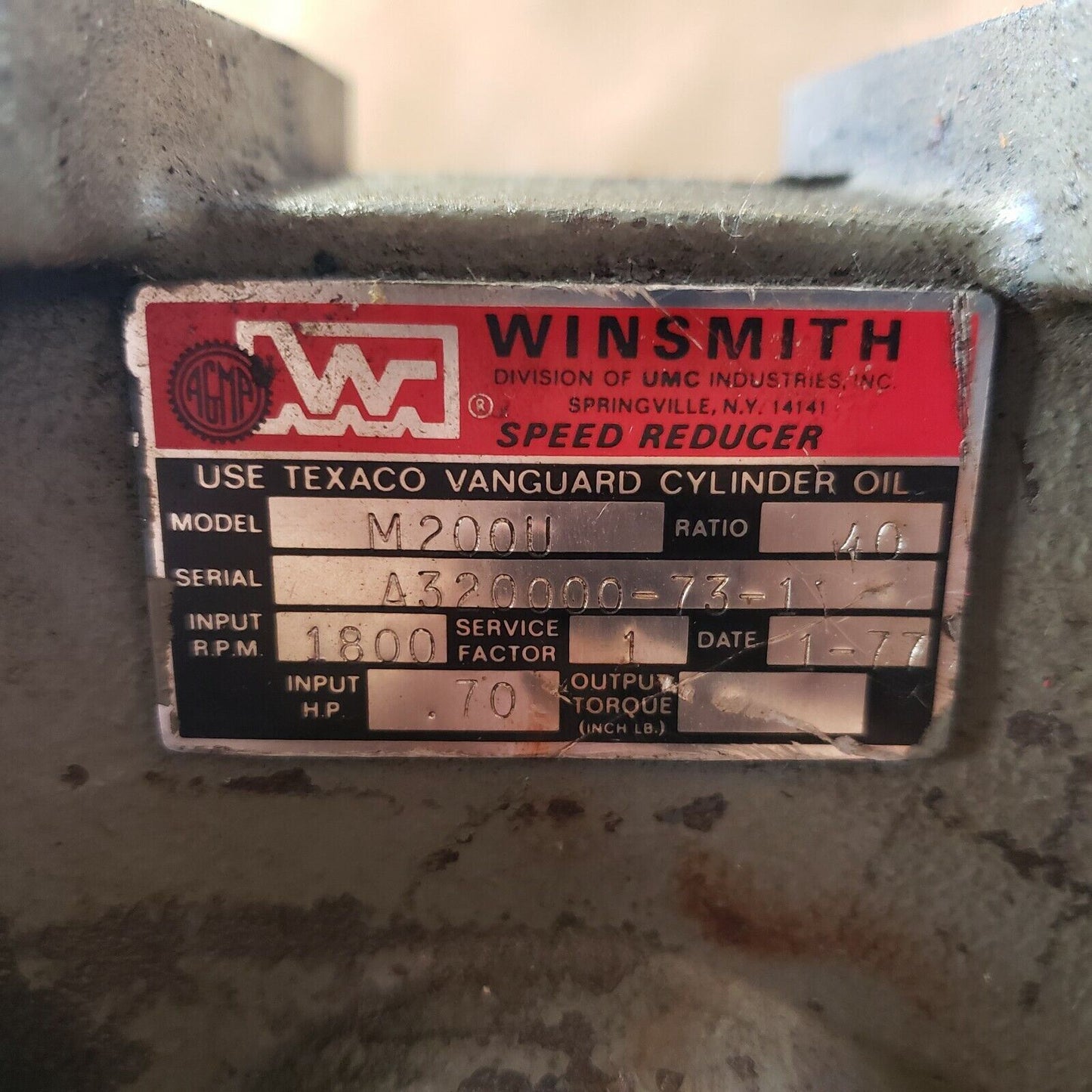 Winsmith Speed Reducer M200U .70HP 1800RPM 40:1 Ratio
