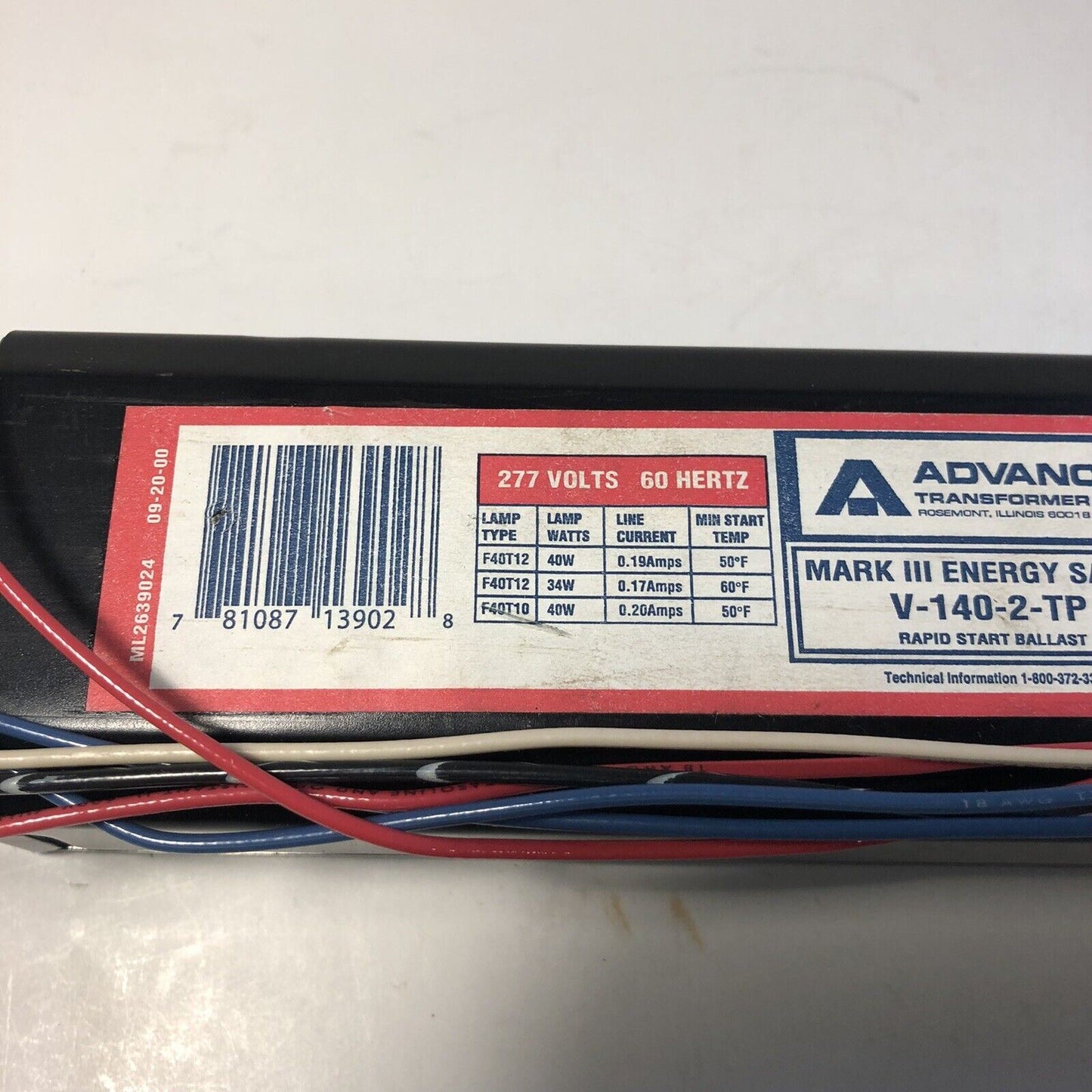 Advance V-140-2-TP 277-Volt Mark III Energy Saver Rapid Start Ballast