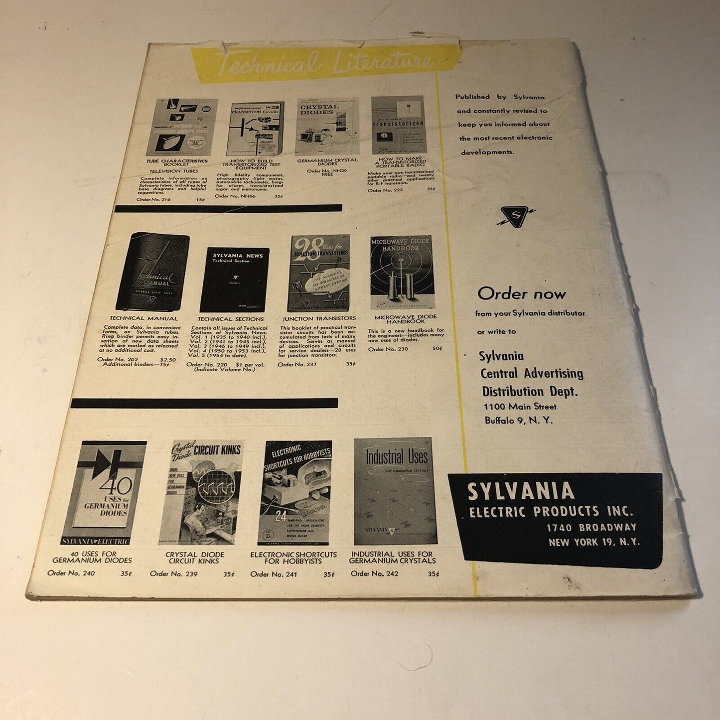 Vintage 1958 Characteristics of Sylvania Receiving Tubes Charts Form No. 211