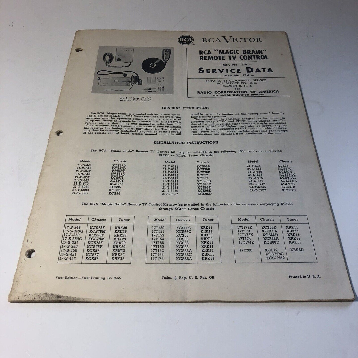 Vintage RCA Victor 1955 Service Data Manual “Magic Brain” Remote TV Control