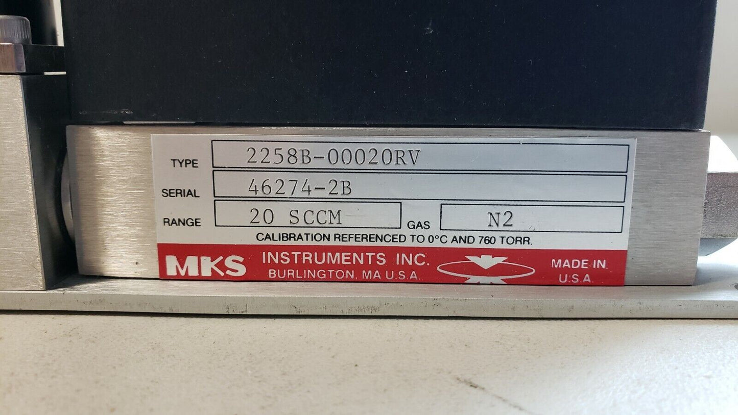 MKS MFC 20 SCCM N2 Nitrogen 2258B-00020RV Mass Flow Controller 1/4" VCR Fittings