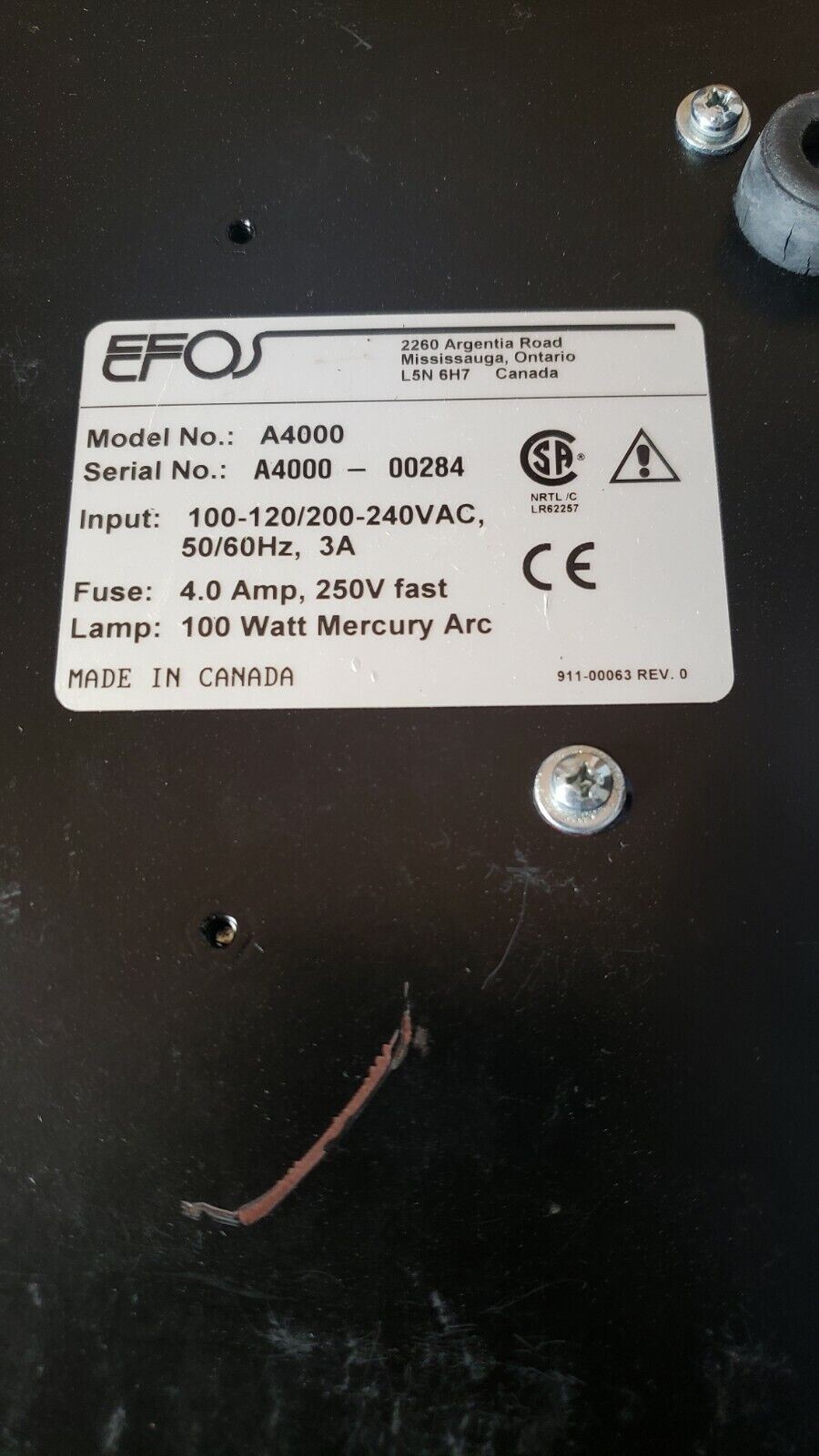 EFOS Acticure A4000 100w Mercury Lamp For Parts