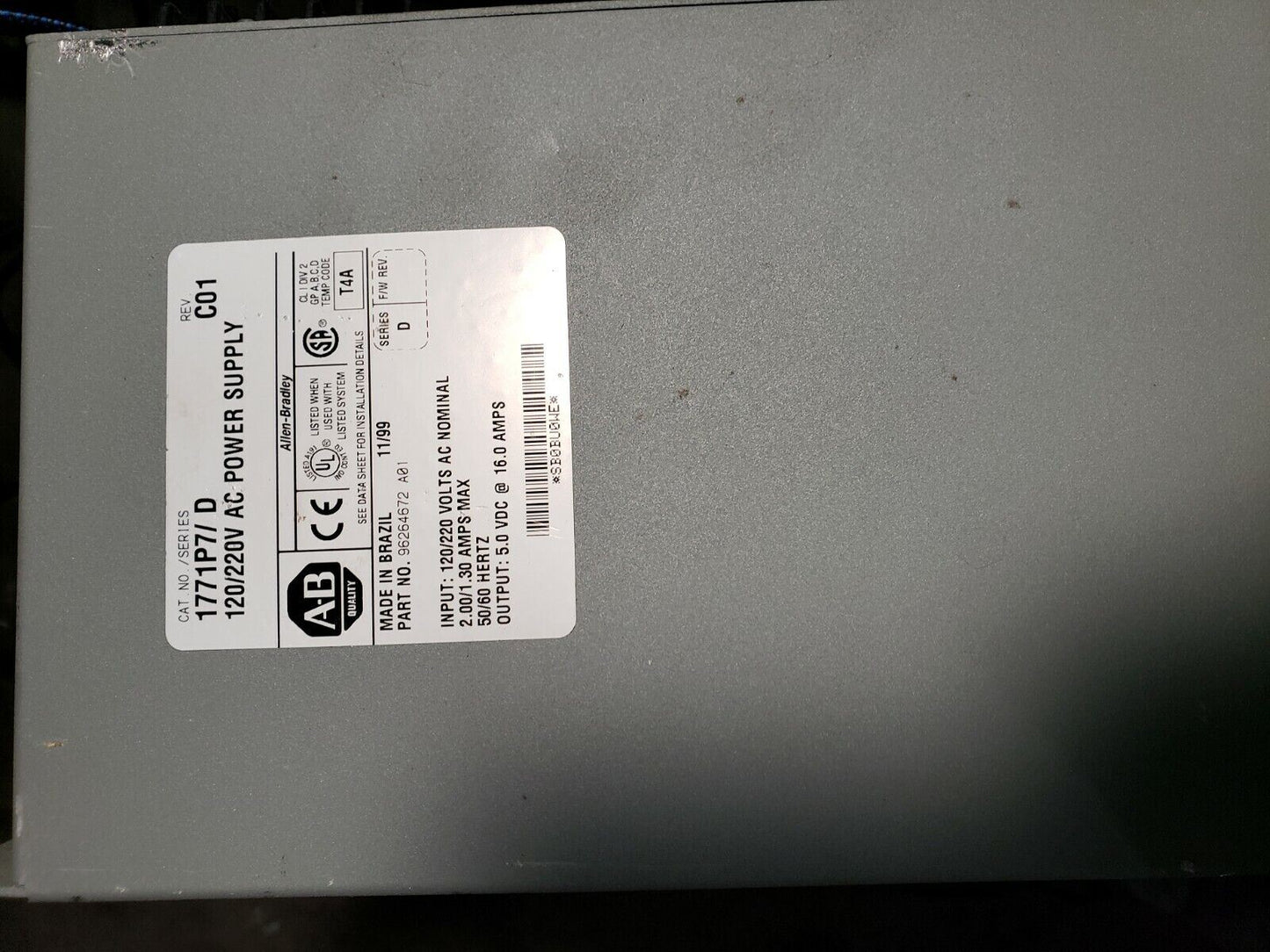 Allen Bradley 1771-A4B 16 Slot I/O Chassis w/ 1771-P7 B Power Supply