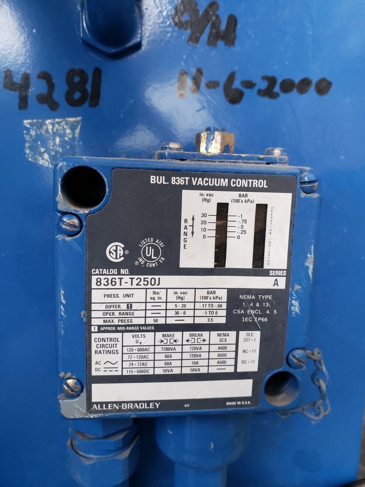 Allen Bradley Industrial Vacuum Control Cabinet 480v w/ Hour Meters, Fuses