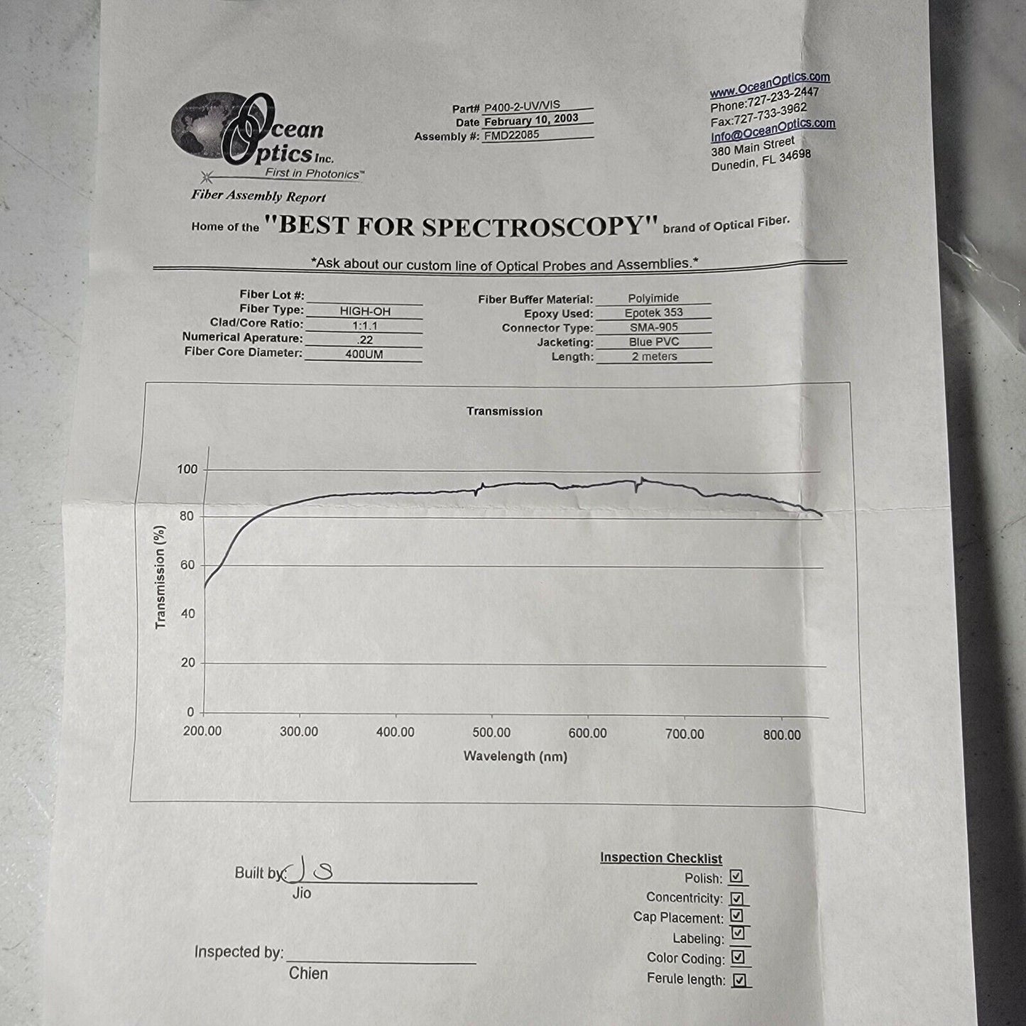 Ocean Optics P400-2 UV-VIS Fiber Optic Patch Cable 400um Size 2m Long