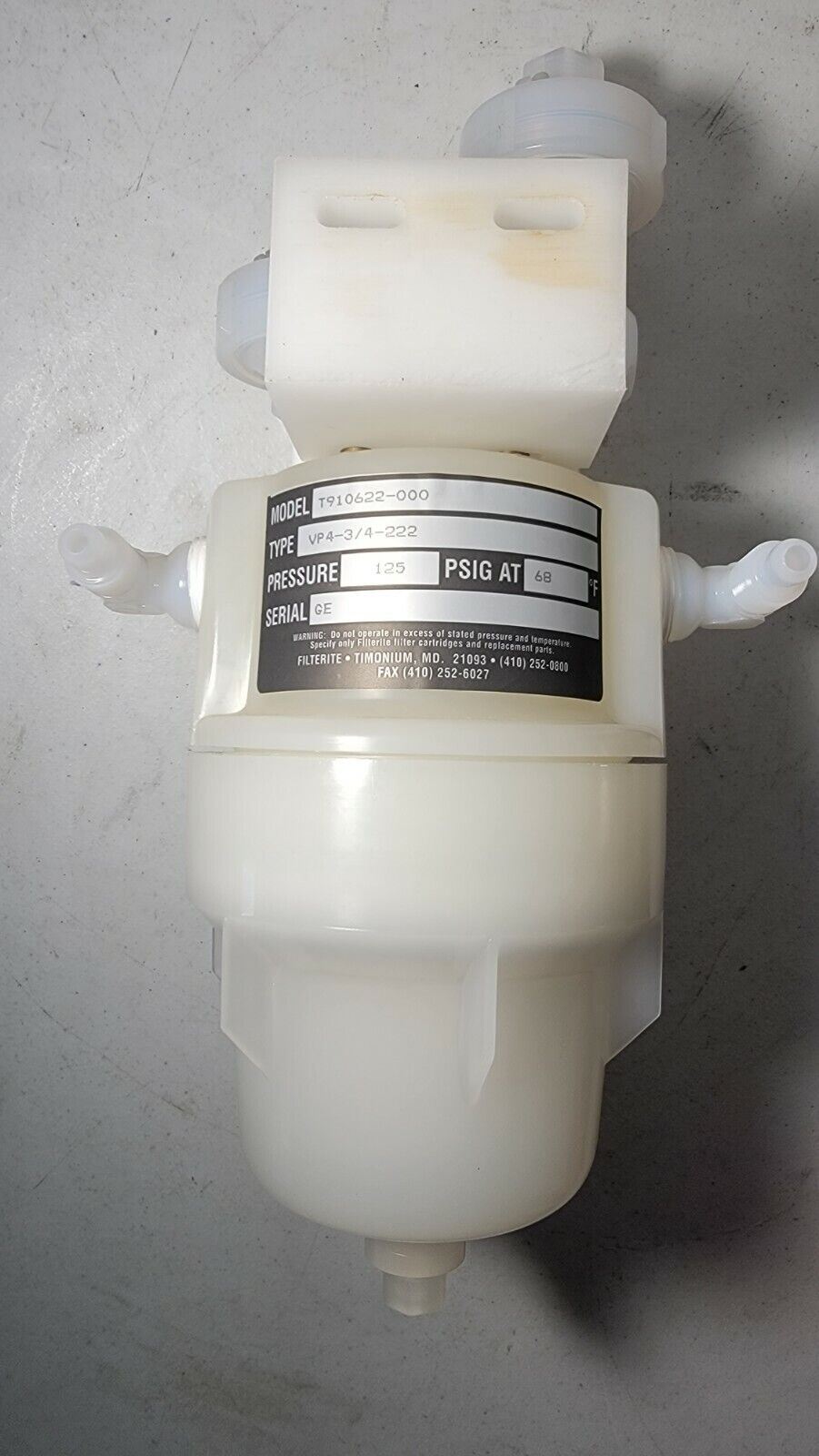 USF Filterite T910622-000 VP4-3/4-222 125 PSIG w/ Fittings PTFE Housing