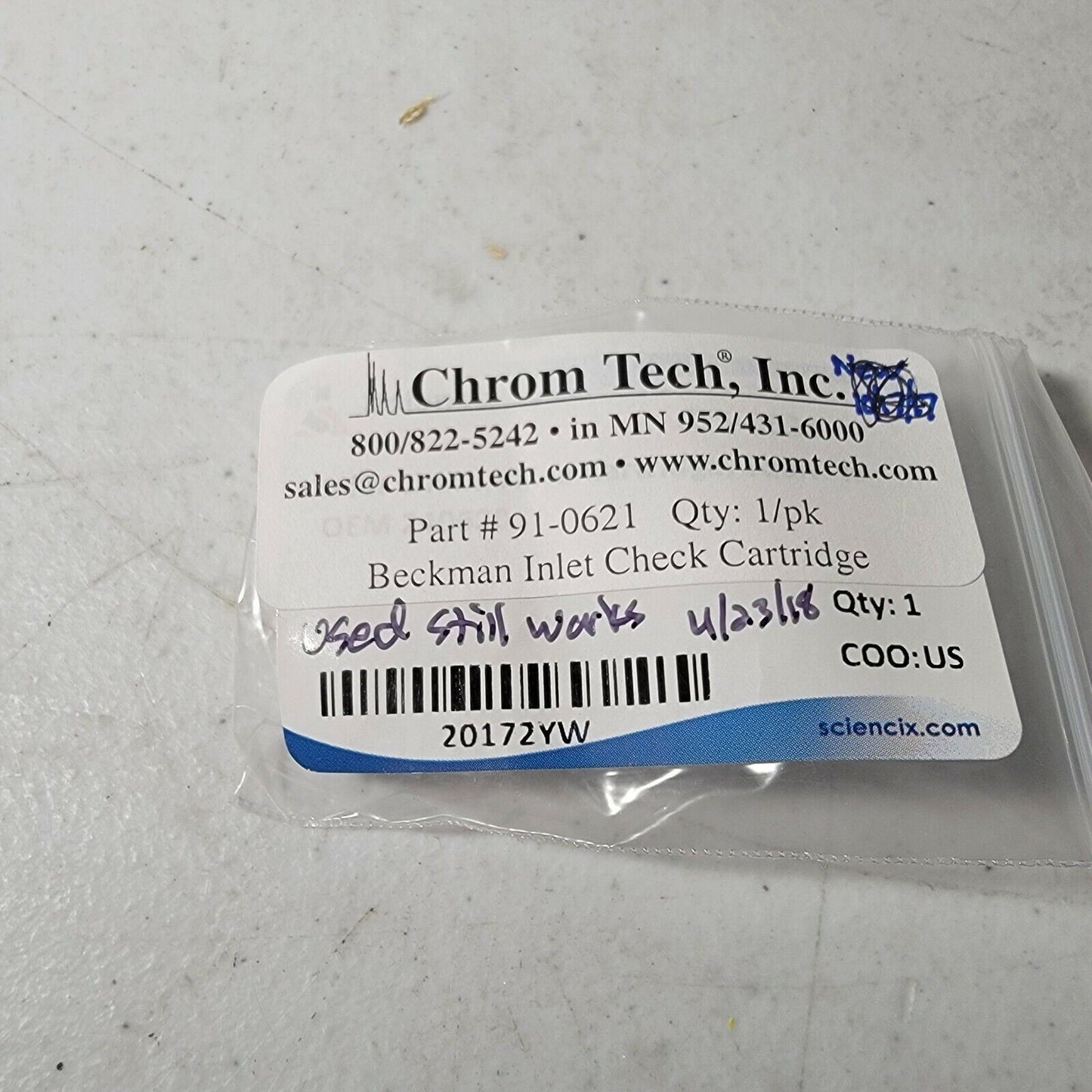 Chrom Tech Beckman 91-0621 Inlet Check Valve Cartridge WORKS