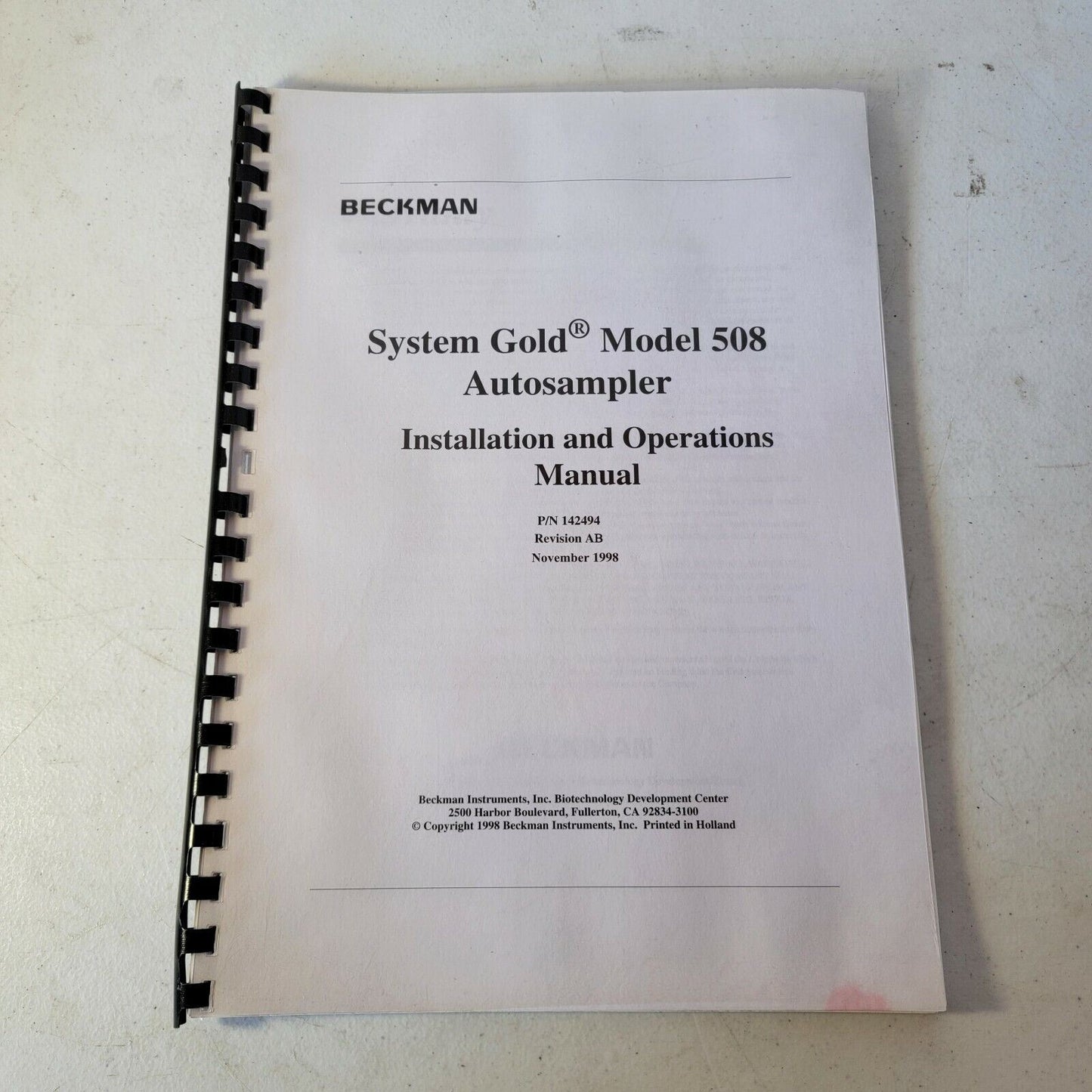 Beckman System Gold 508 Autosampler Original Manual P/N 142494 Circa 1998