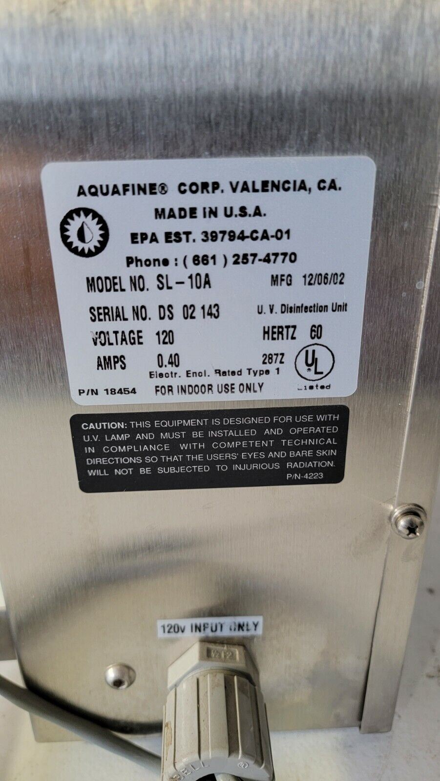 Aquafine SL-10A Ultraviolet UV Germicide Disinfect Unit P/N 18454 120v Ver.