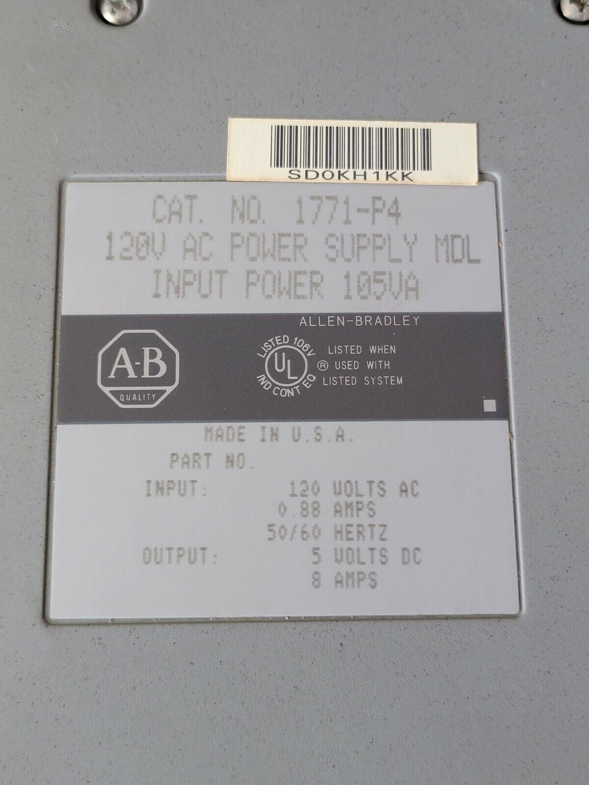 Allen Bradley 1771-P4 120V AC Power Supply MDL Input Power 105VA