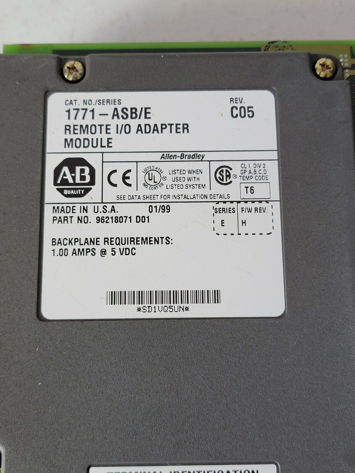 Allen Bradley AB 1771-ASB/E Remote I/O Adapter Module PLC 5VDC PN 96218071