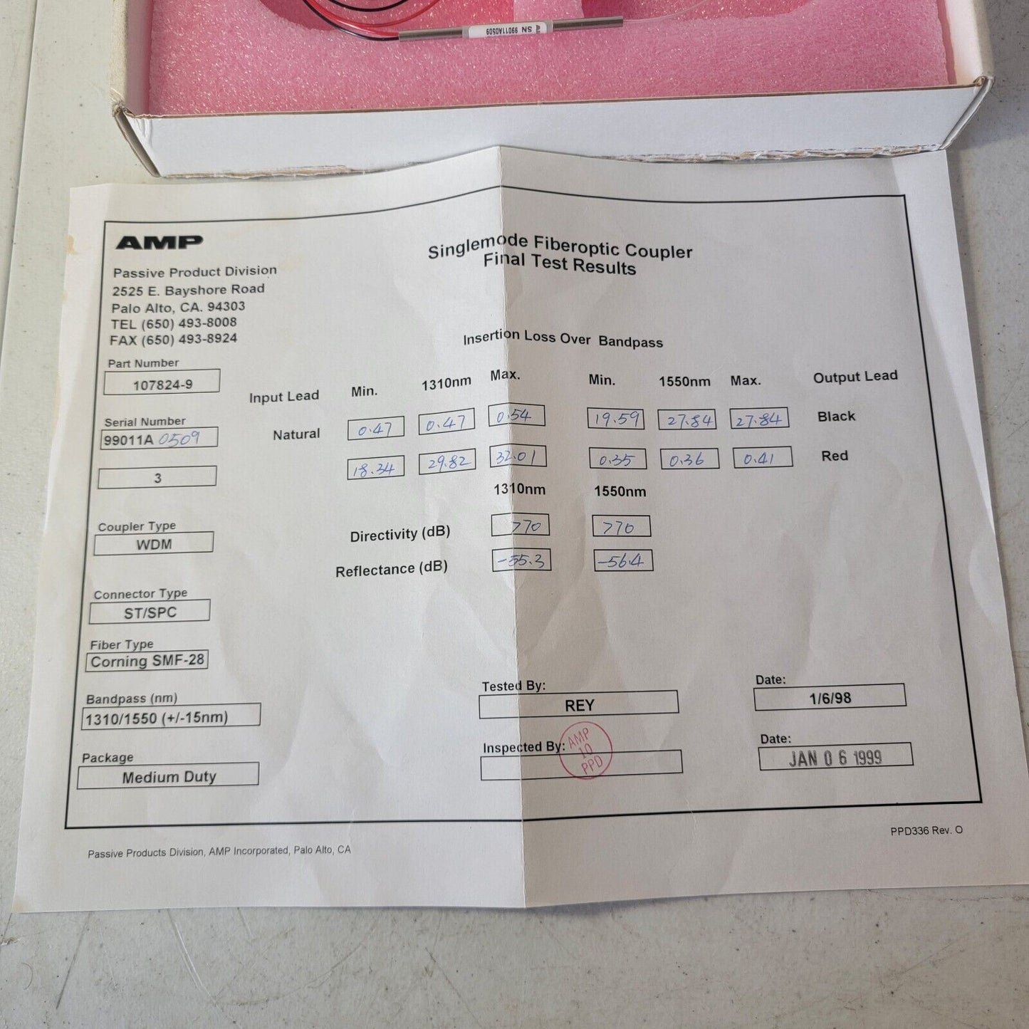 TESTED AMP Single Mode Fiber Optic Coupler Bandpass 1310/1550nm WDM