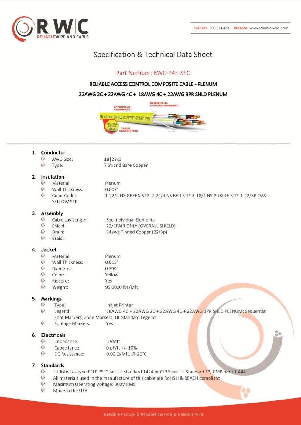 *Price Per 10 FT* Reliable Access Control Cable 22AWG 2C 4C 18AWG 4C RWC-P4E-SEC