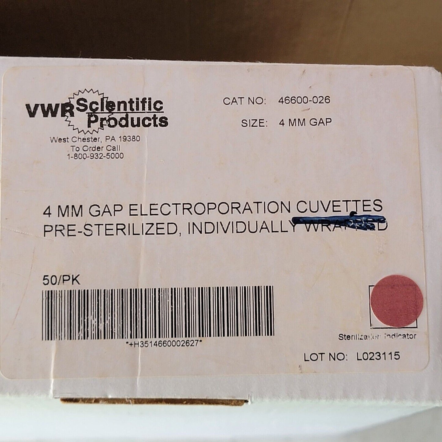 VWR Sterilized 4mm Gap Electroporation Cuvette 46600-026, Lot of One