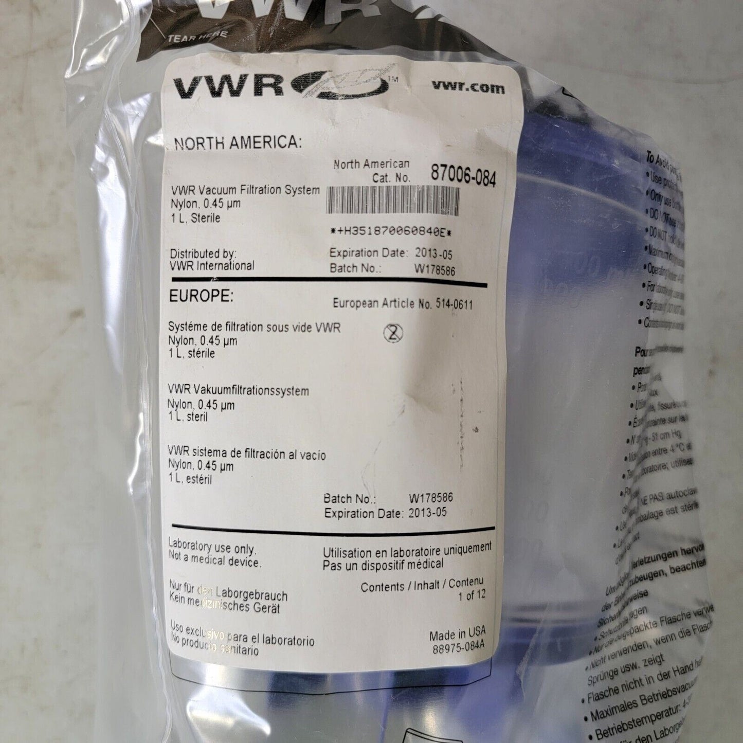 VWR Vacuum Filtration System, Nylon 0.45um 1L 87006-084