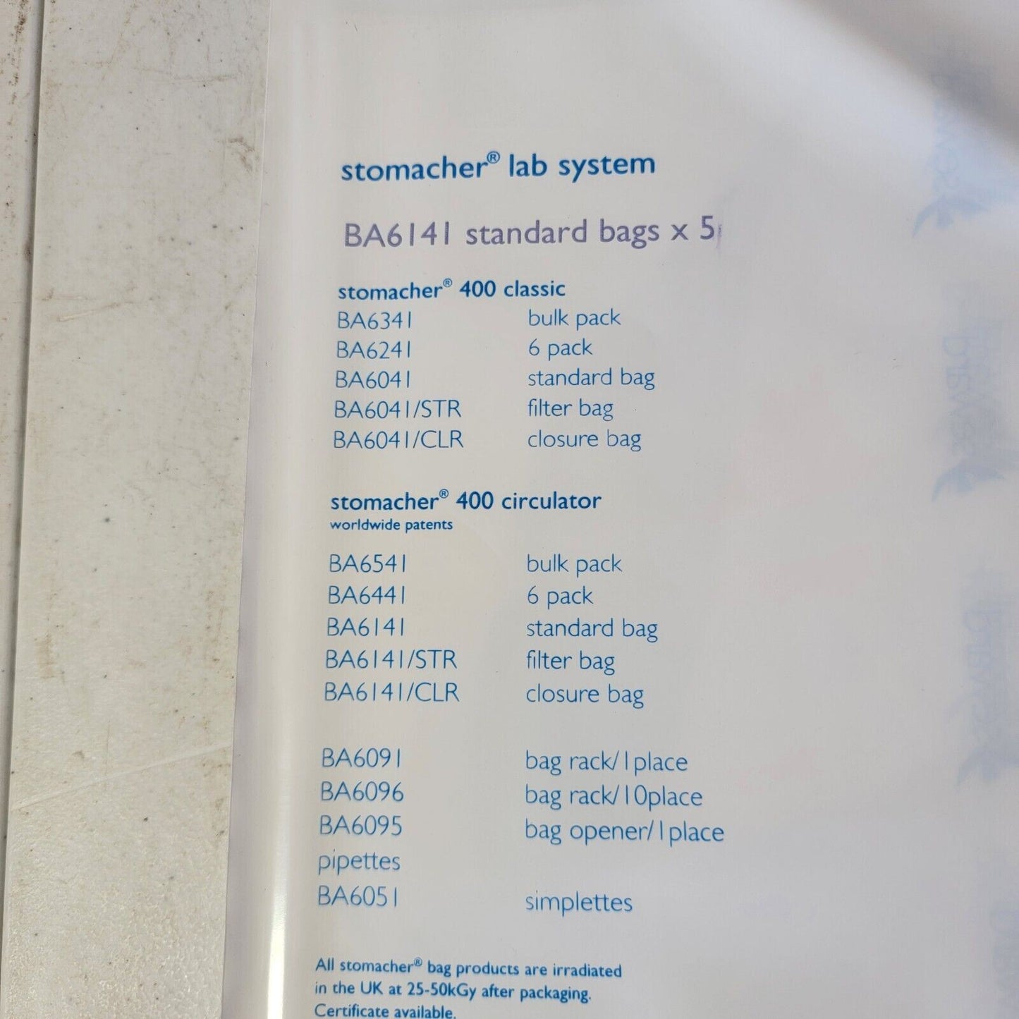 *5x Bags* Seward Stomacher Circulator 400 Standard Bags BA6141