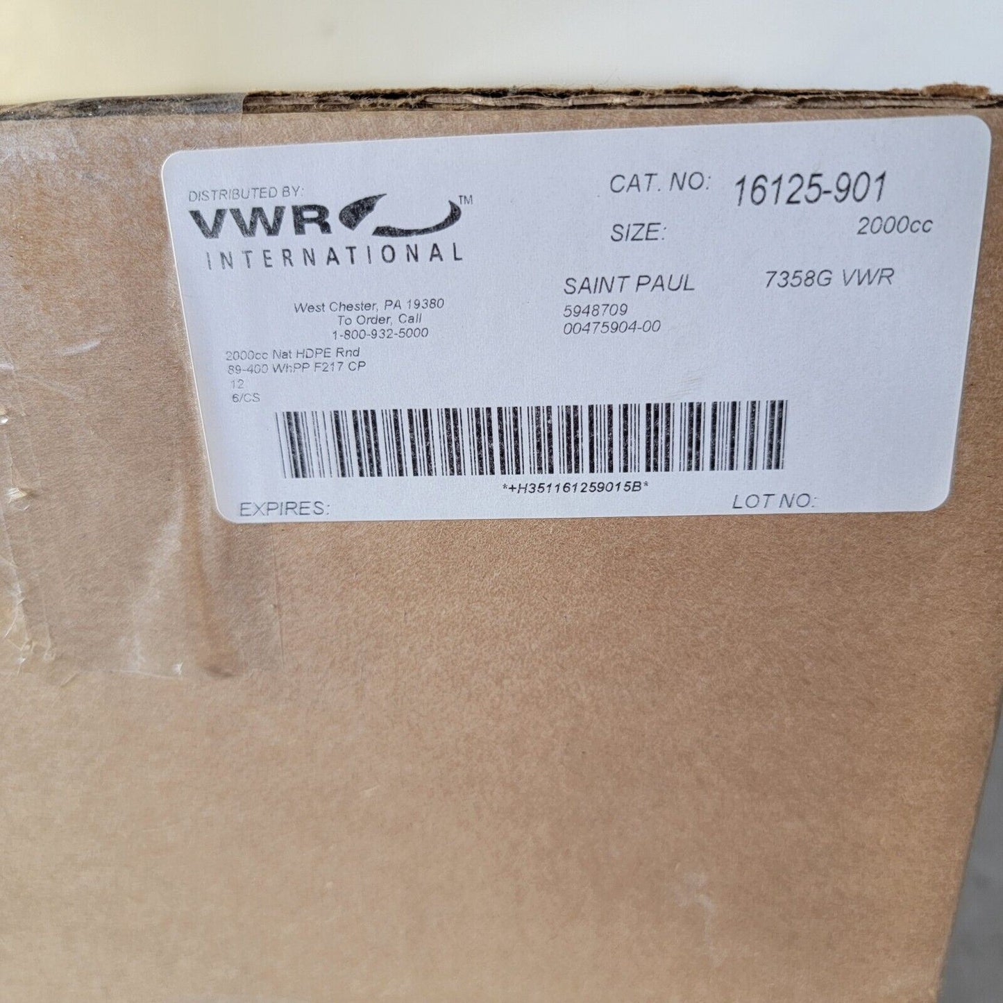 *Case of 6* VWR 16125-901 2L 2000CC High Density Polyethylene Round Bottles