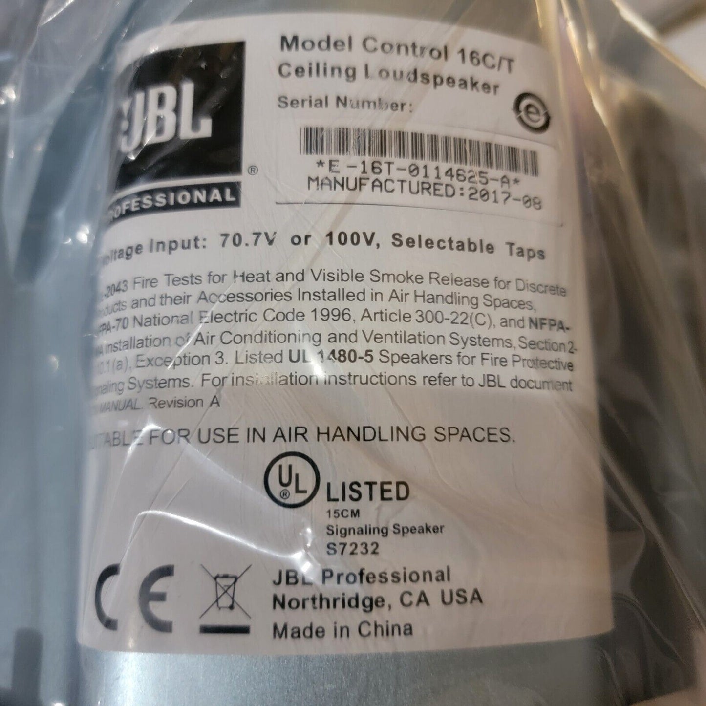 Single JBL Professional Control 16C/T 2-way Ceiling Mountable Speaker, White